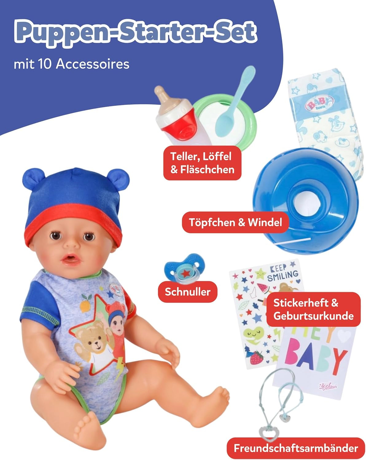 BABY Born Jonas - panenka 43 cm - 10 funkcí včetně příslušenství a matrace - Plně funguje bez baterií - Vhodné pro děti od 3 let