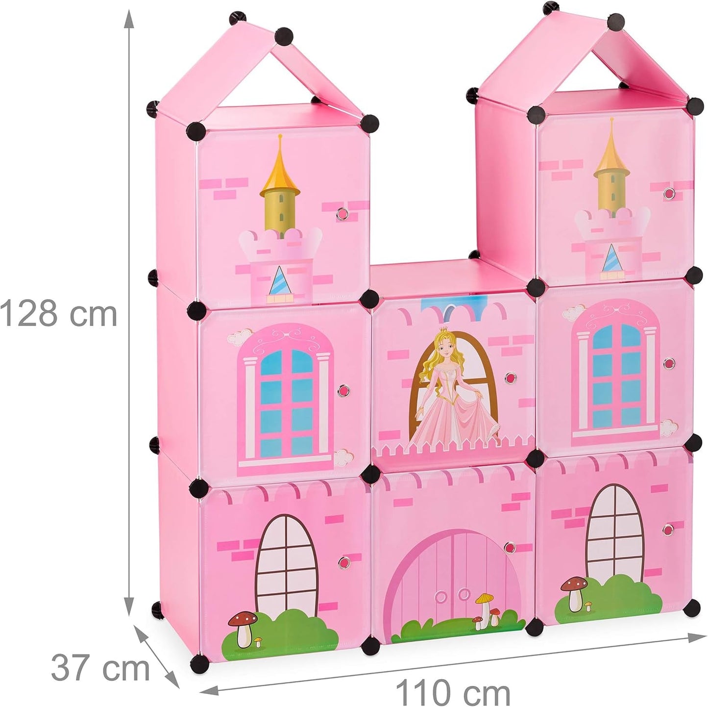 Modulová polička Relaxdays do dětského pokoje, design princess castle, plast, DIY skříňka s dvířky, HL: 128 x 110 x 37 cm, růžová