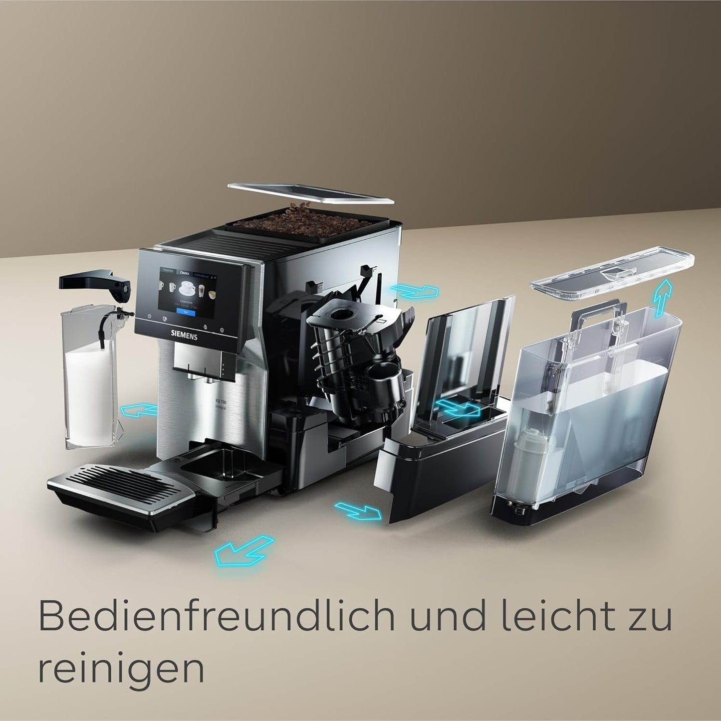 Siemens EQ700 plně automatický kávovar na espresso, velká barevná TFT obrazovka, 36 teplých a studených nápojů, studené vaření, funkce 2 šálků, ovládání aplikací, automatický čisticí systém, černá nerezová ocel, TQ717D03