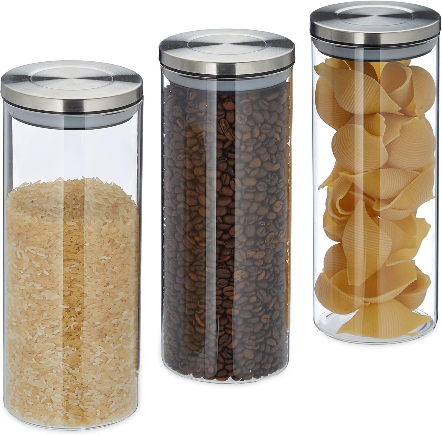 Sada 3 uzavřených dóz Relaxdays z nerezové oceli Nádoba na těstoviny Müsli Rýže 1,5 l Kuchyňská dóza Čirá stříbrná 24 x 9,5 x 9,5 cm Čirá stříbrná Dózy na skladování potravin Naty Shop Výchozí název