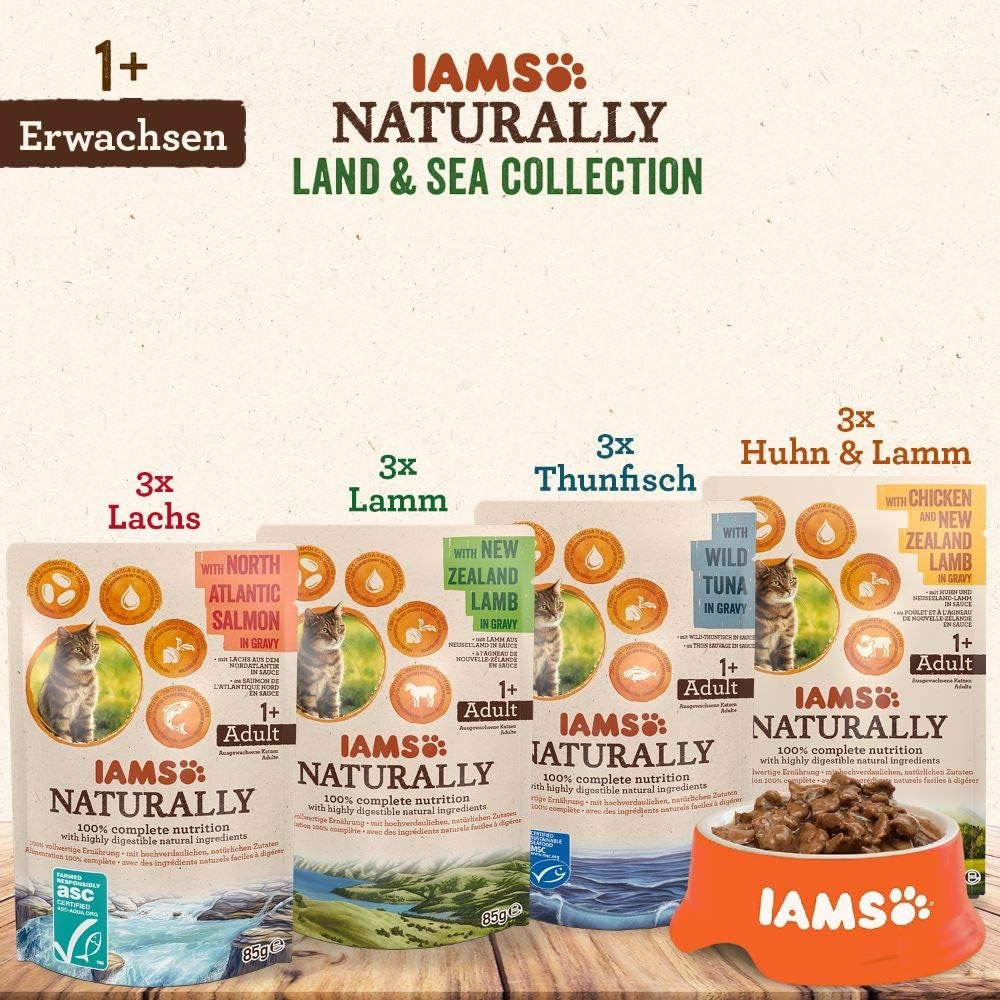IAMS Natural Mokré krmivo pro kočky v omáčce - Vysoce kvalitní mokré krmivo pro maso a ryby pro dospělé kočky, Land & Sea Collection, 12 x 85 g