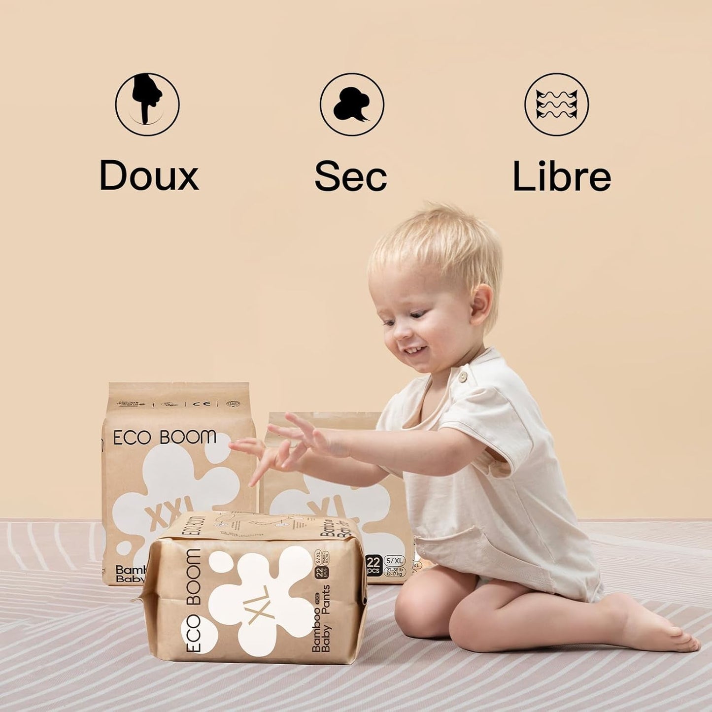 Bambusové dětské plenky ECO BOOM – velikost 6 (20 kg), rostlinné stahovací plenky (17 ks) – prémiové organické, bez parfemace, šetrné k pokožce, super savé
