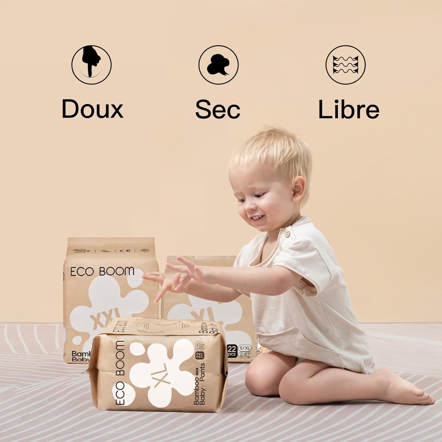 Bambusové dětské plenky ECO BOOM – velikost 6 (20 kg), rostlinné stahovací plenky (17 ks) – prémiové organické, bez parfemace, šetrné k pokožce, super savé