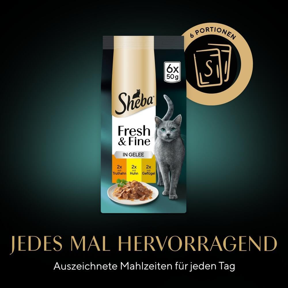Sheba Portion Sáčky Mokré krmivo pro kočky, čerstvé a jemné Krůtí a kuřecí želé více balení, 6x6x50g - Vysoce kvalitní Krůtí a kuřecí želé pro kočky