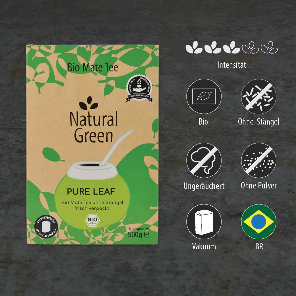 Delicatino - Přírodní zelená PURE LEAF 500G, organická yerba maté bez stopky, čerstvá a bez kouře, organicky pěstovaná, vakuově balená pro maximální čerstvost