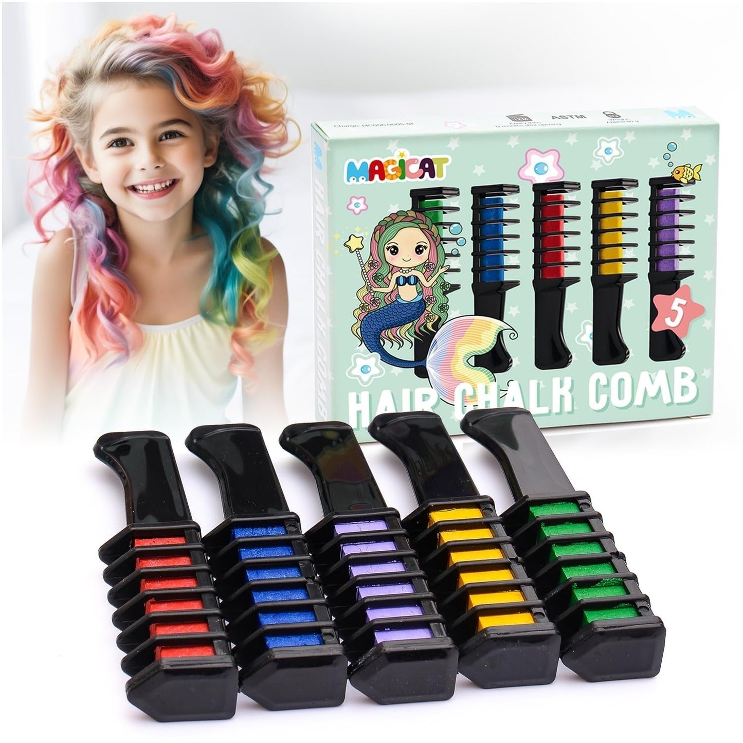 Magicat Hair Chalk for Girls Set I 10 smývatelných barev a 5 vlasových sponek I Dárek pro dívky od 4 let do 10 let I Kreativní dárek k dětské narozeninové párty 2025 I Bezpečná a barevná barva na vlasy Naty Shop 80 G (1 balení)