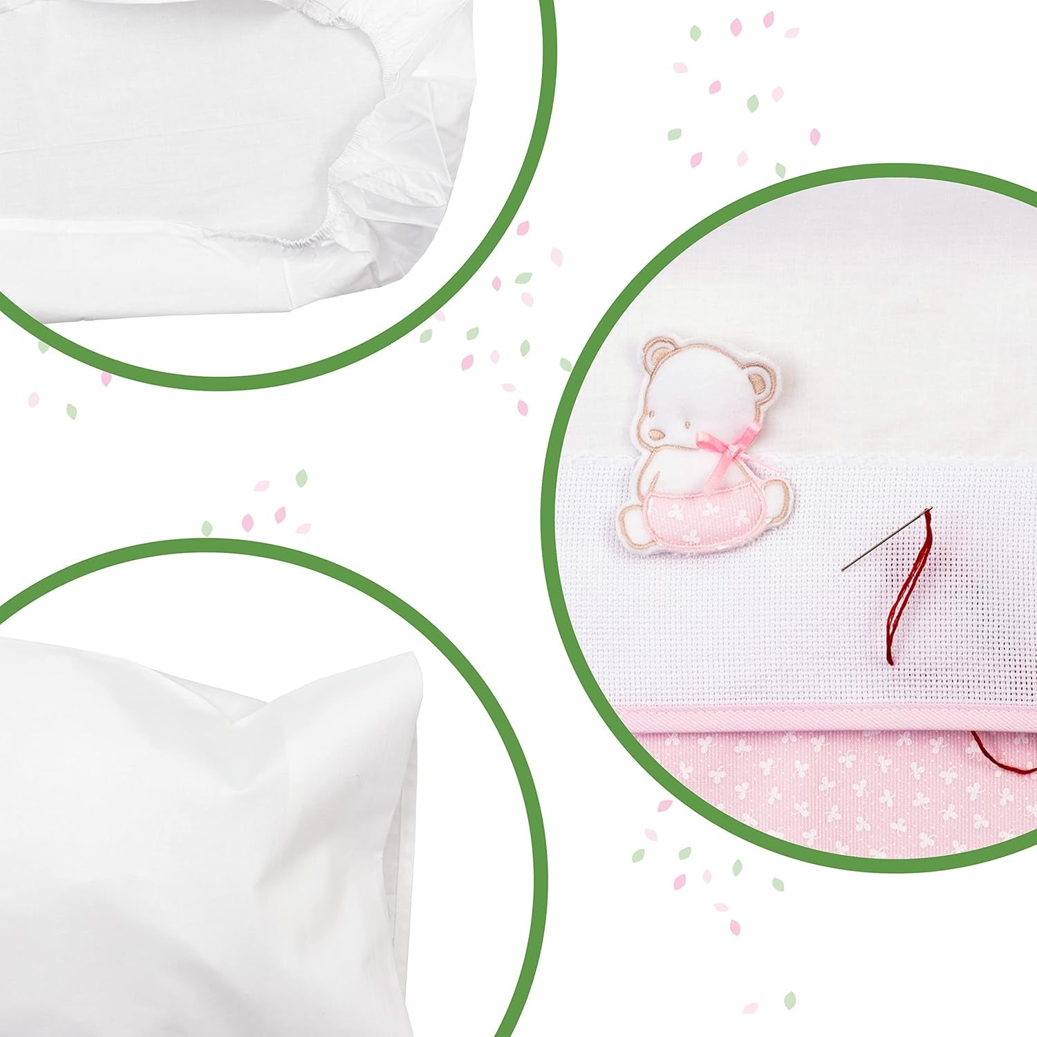Bílá a růžová sada povlečení Carrycot, skládající se z 1 vypasovaného prostěradla, 1 vrchního prostěradla se stuhou Aida na vyšívání a 1 povlaku na polštář, 100% bavlna, Made in Italy Přikrývky a přikrývky Naty Shop