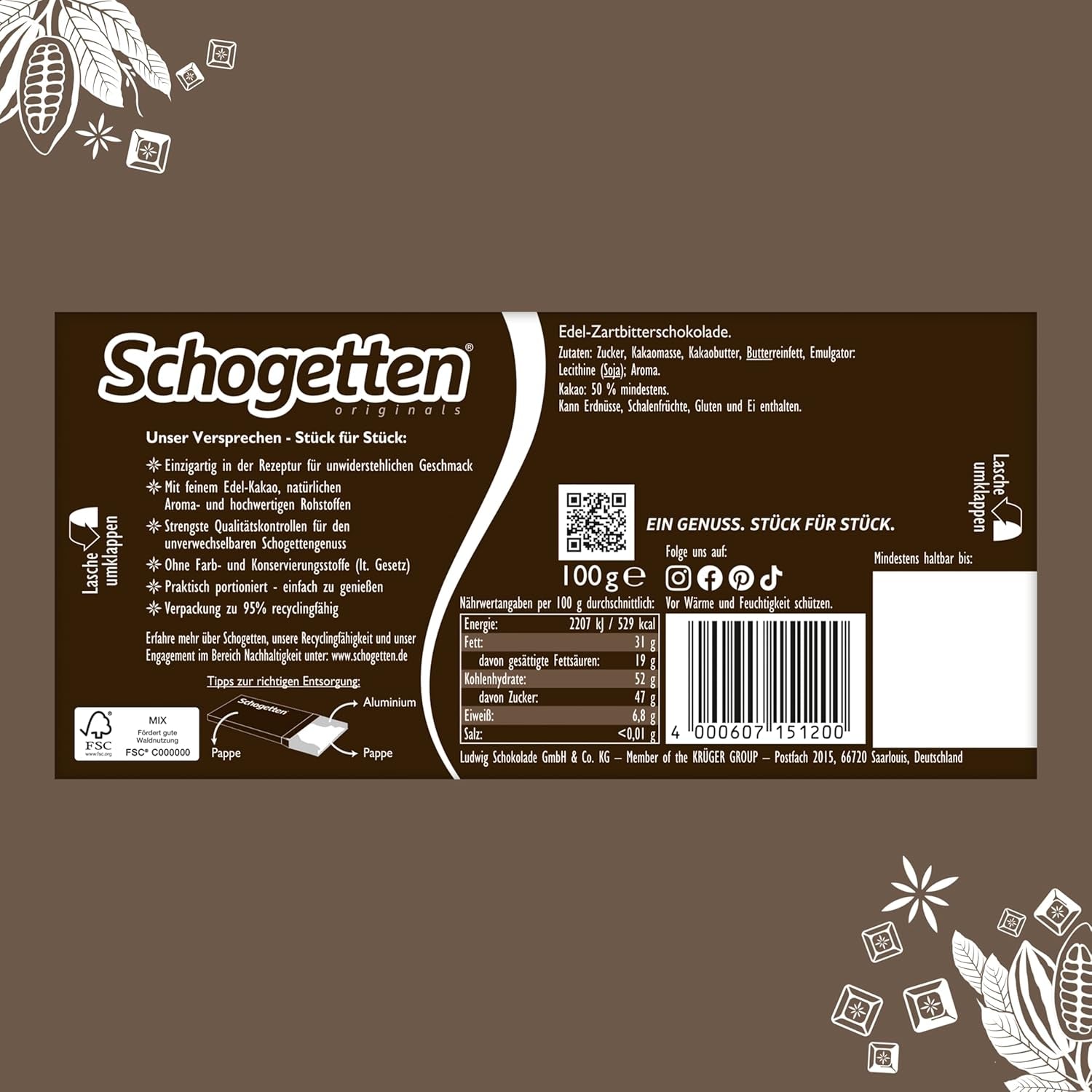 Hořká čokoláda Schogetten (50% kakaa), 100g