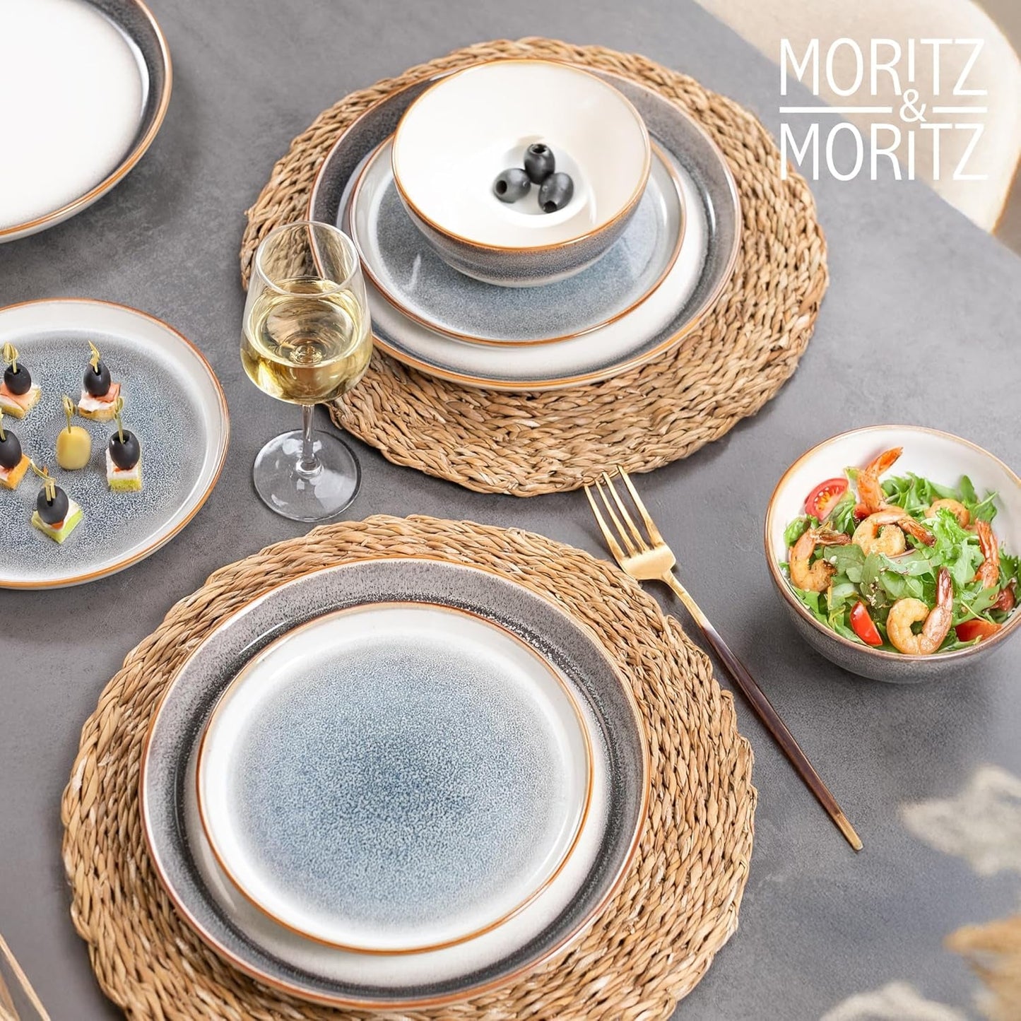 Moritz & Moritz TARENTO 24dílná sada nádobí pro 6, šedá - Elegantní vysoce kvalitní sada kameninových talířů - Sada nádobí obsahuje 6 talířů, 6 dezertních talířů, 6 talířů a 6 šálků