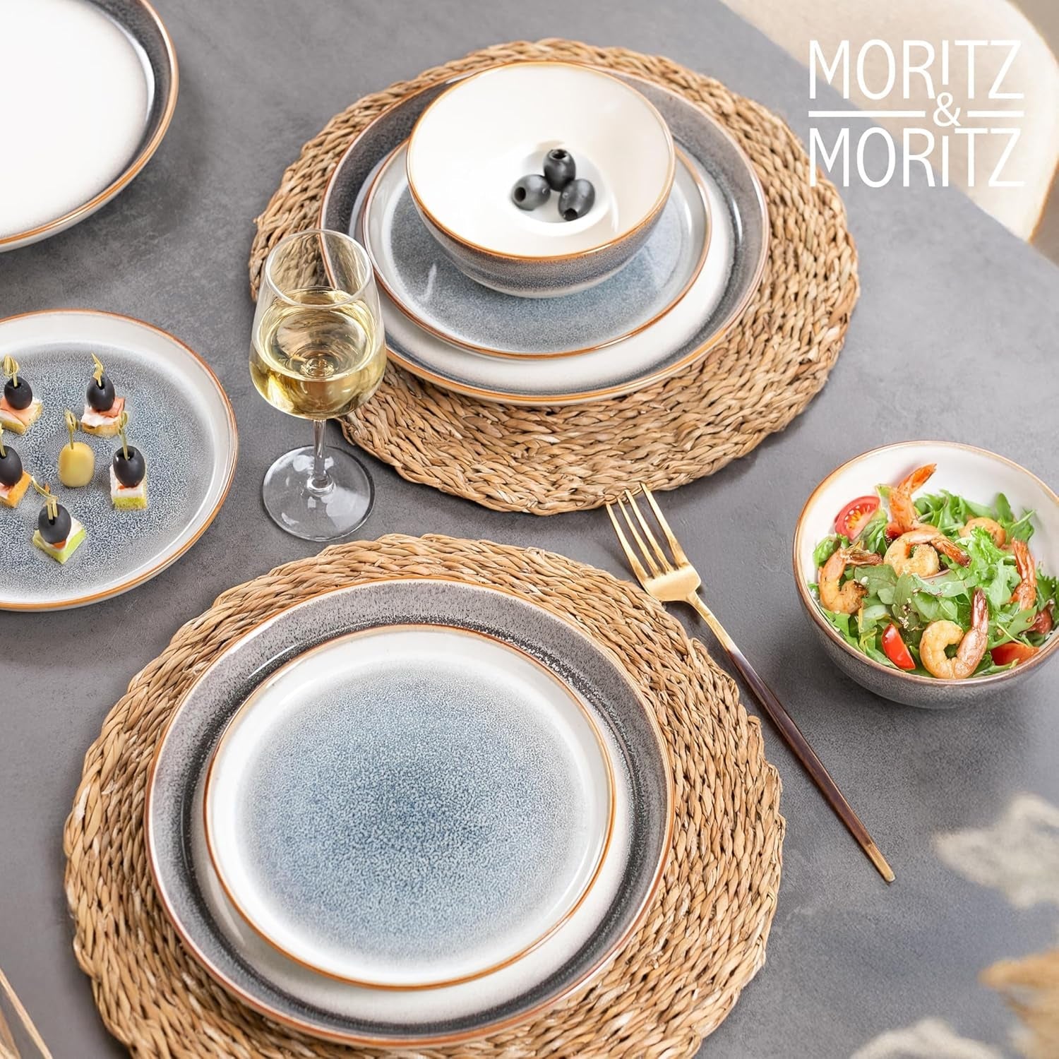 Moritz & Moritz TARENTO 24dílná sada nádobí pro 6, šedá - Elegantní vysoce kvalitní sada kameninových talířů - Sada nádobí obsahuje 6 talířů, 6 dezertních talířů, 6 talířů a 6 šálků