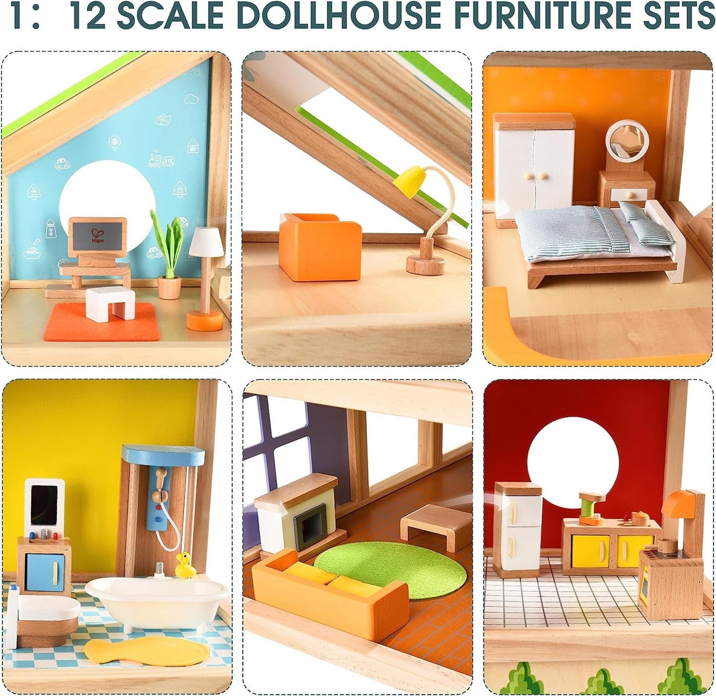 Dřevěný domeček pro panenky Hape Four Seasons Oceněný třípatrový domeček pro panenky s nábytkem, doplňky, pohyblivými schody a otočnou střechou pro každou sezónu Domky pro panenky Naty Shop