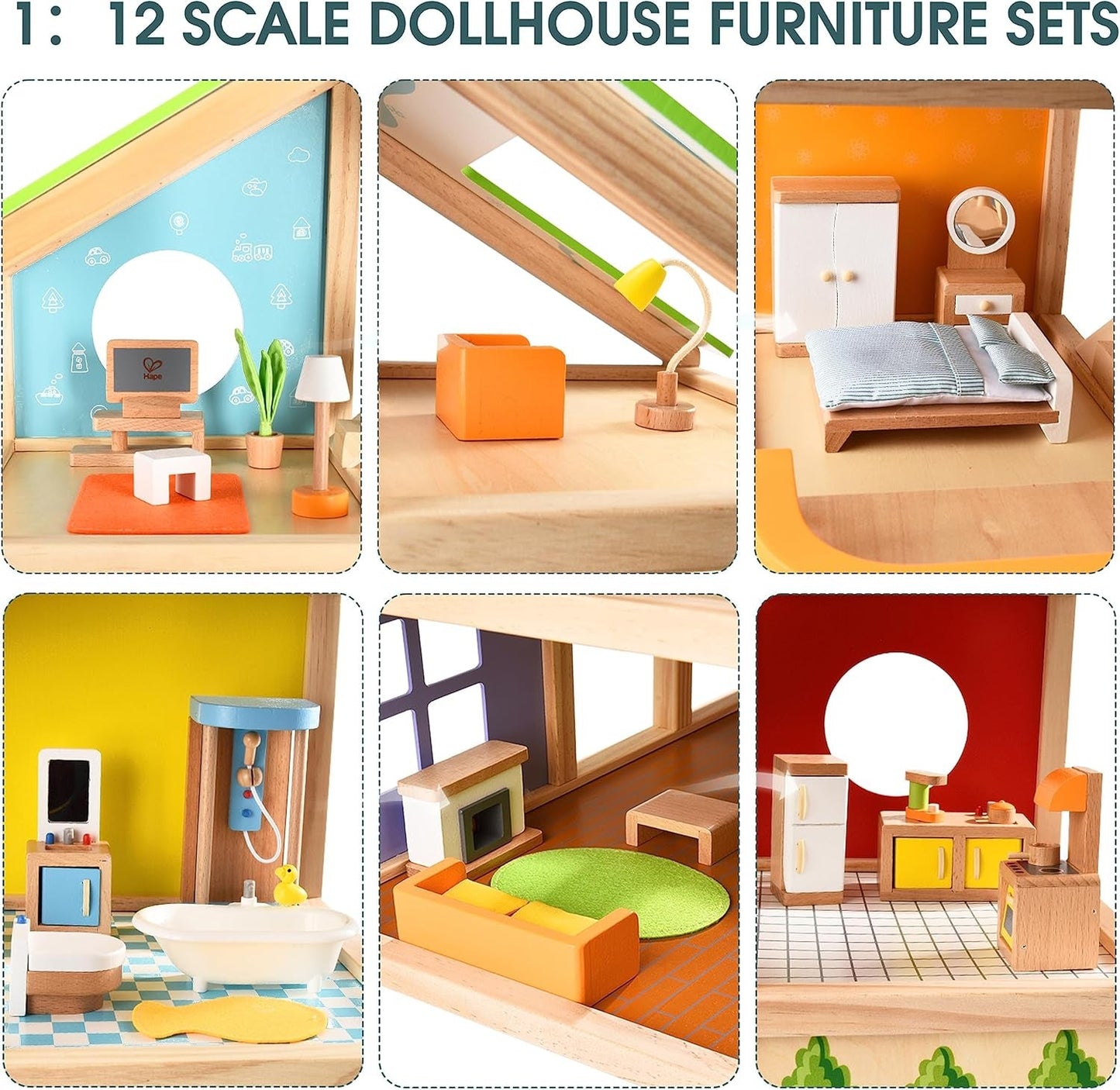 Hape Four Seasons Dollhouse - oceněný třípatrový dřevěný domeček pro panenky s nábytkem, doplňky, posuvnými schody a otočnou střechou pro všechna roční období, pro děti od 3 let