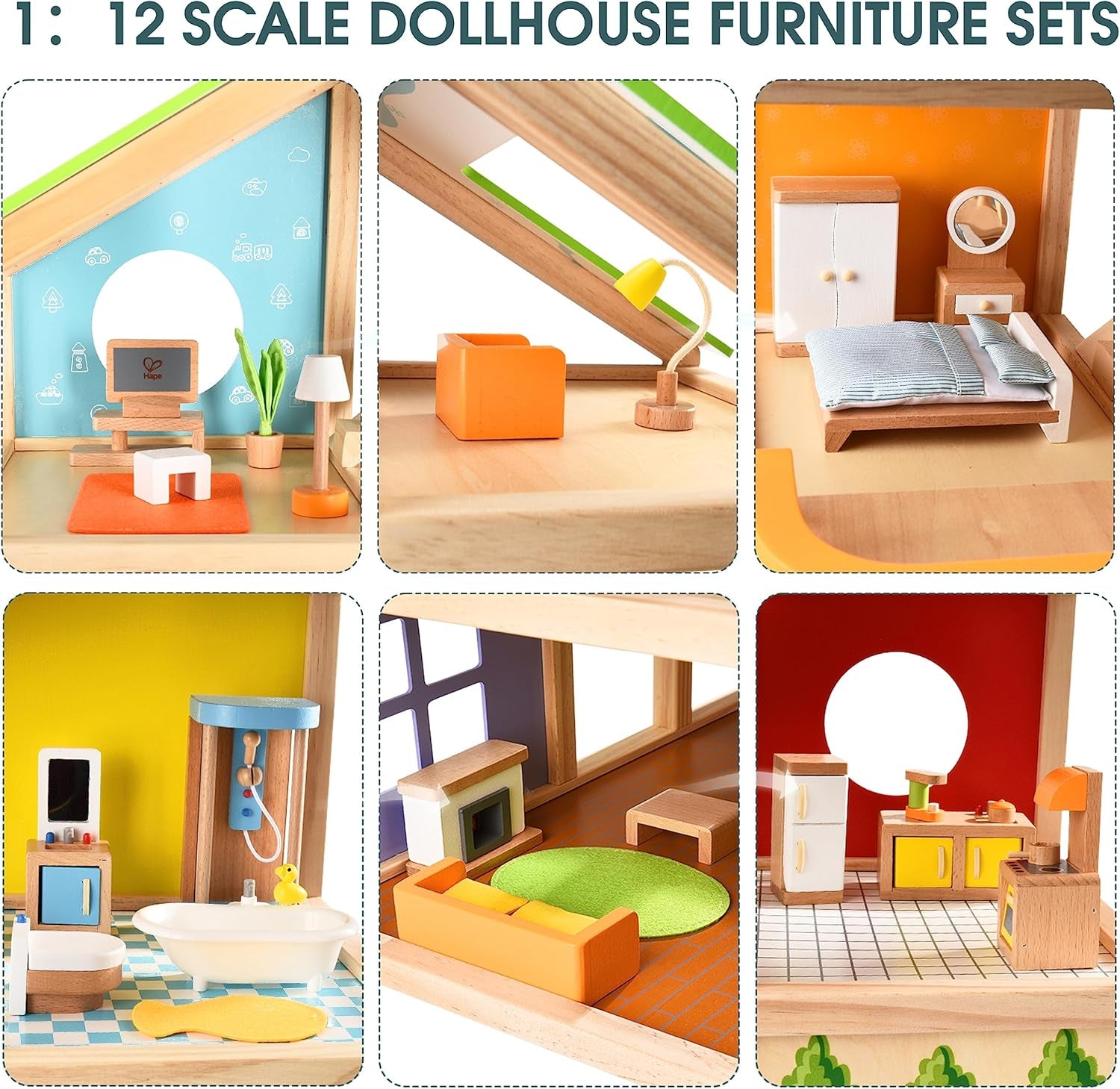 Hape Four Seasons Dollhouse - oceněný třípatrový dřevěný domeček pro panenky s nábytkem, doplňky, posuvnými schody a otočnou střechou pro všechna roční období, pro děti od 3 let