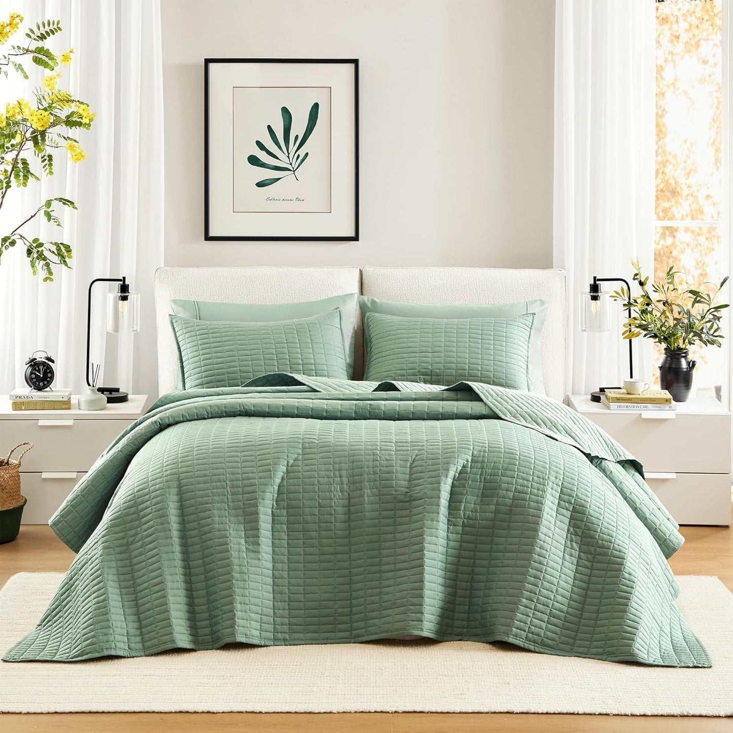 Sada přikrývek Comfort Spaces Kienna, luxusní letní přikrývka s dvojitým stehem, lehká, měkká, celoroční povlečení, odpovídající povlaky na polštáře, bílá, přikrývka na manželské postele (264,2 x 228,6 cm), přikrývky a přikrývky Naty Shop nadrozměrná přehoz Queen Sage Gland (102"X118")