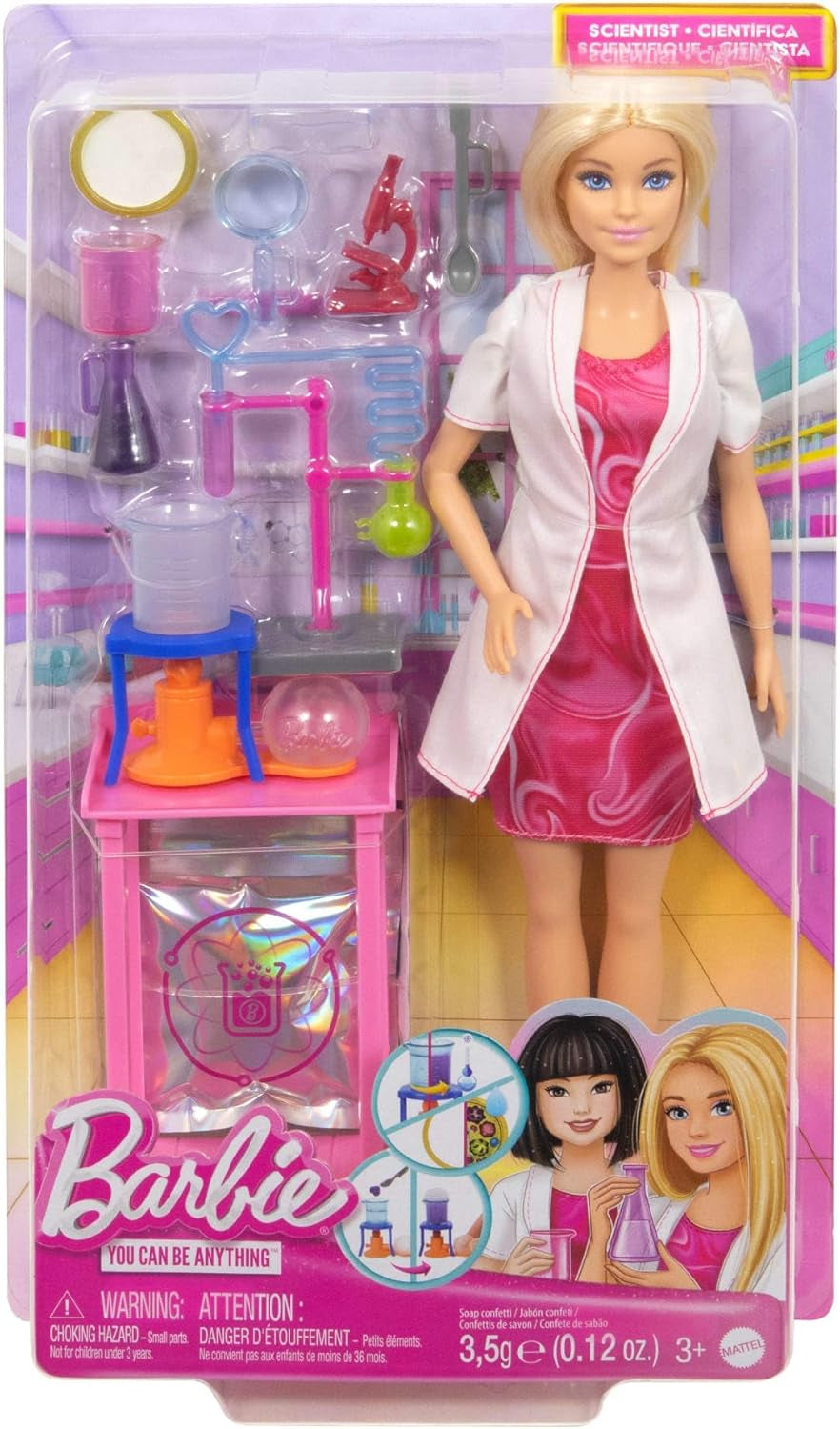 Panenka Barbie Scientist a doplňky s módní blonďatou panenkou, laboratorním stolkem, mikroskopem, pokladnou měnící barvy a Petriho miskou, panenky JCR70 Naty Shop