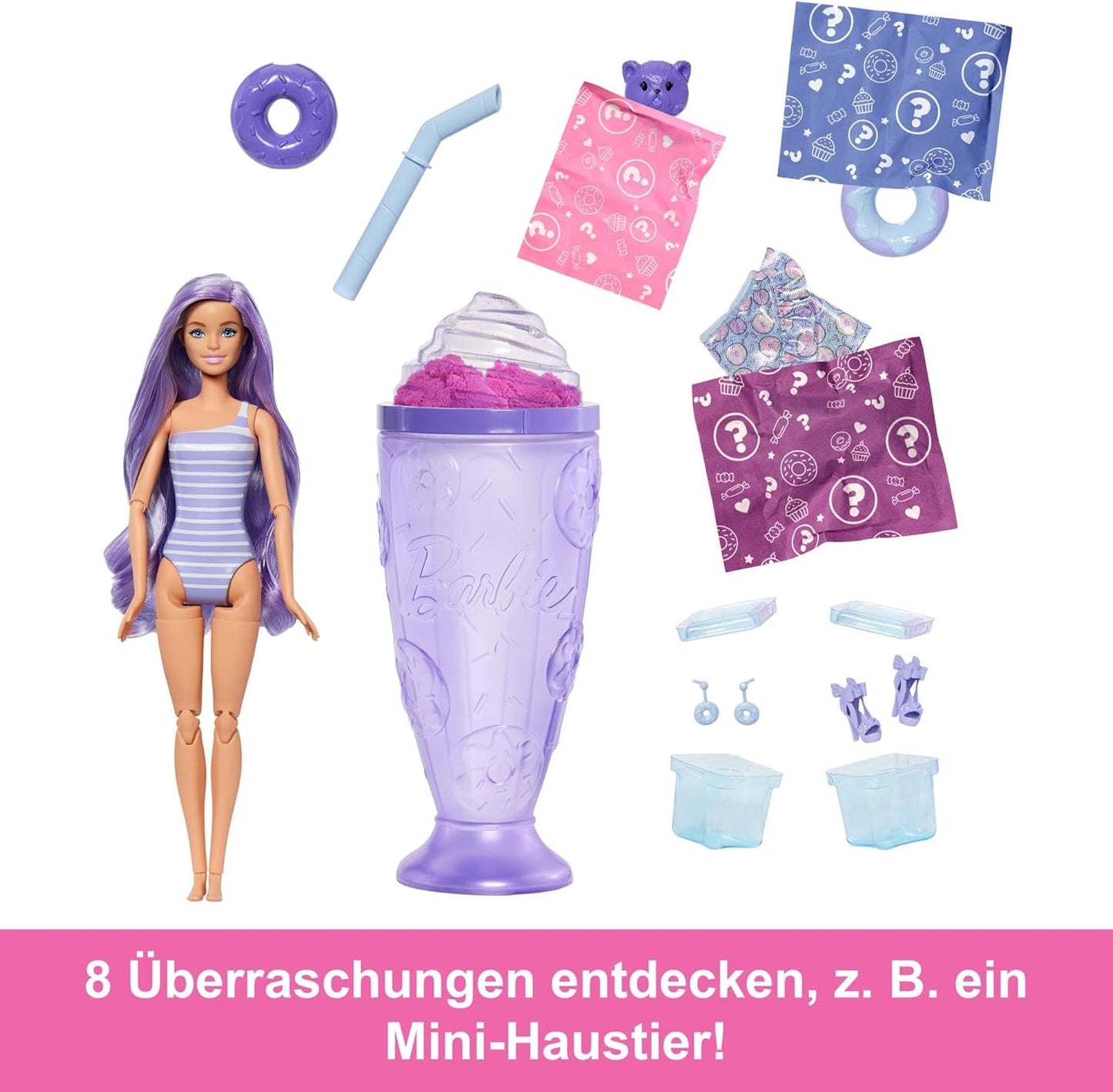 Sada Barbie Pop Reveal Series s módní panenkou a doplňky, řada Candy, design Donut Dreams s mazlíčkem, 8 překvapení včetně změny barvy, JFY60