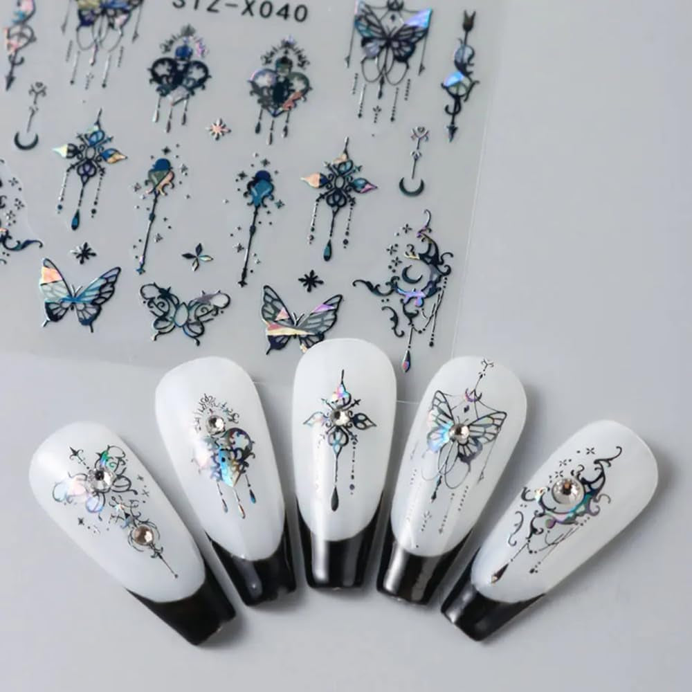 3D kovová samolepka na nehty Schwarz Schmetterling - Laser Pink Aurora Nagelaufkleber - Punk Butterfly Nail Art Stickers - Stříbrná samolepka na nehty - Nageldesign Zubehör