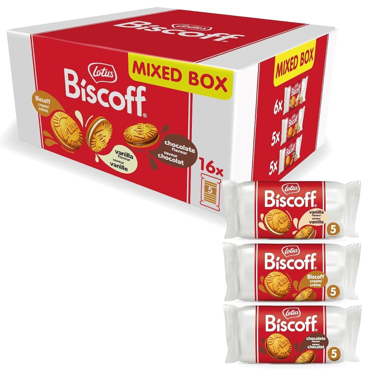 Lotus Biscoff | Dvojité balení sušenek | 3 odrůdy: smetana Biscoff, příchuť vanilka a čokoláda | 5 dvojitých sušenek v balení | Ingredience přírodního původu | Bez barviv | 16 x 50 g | 800 g