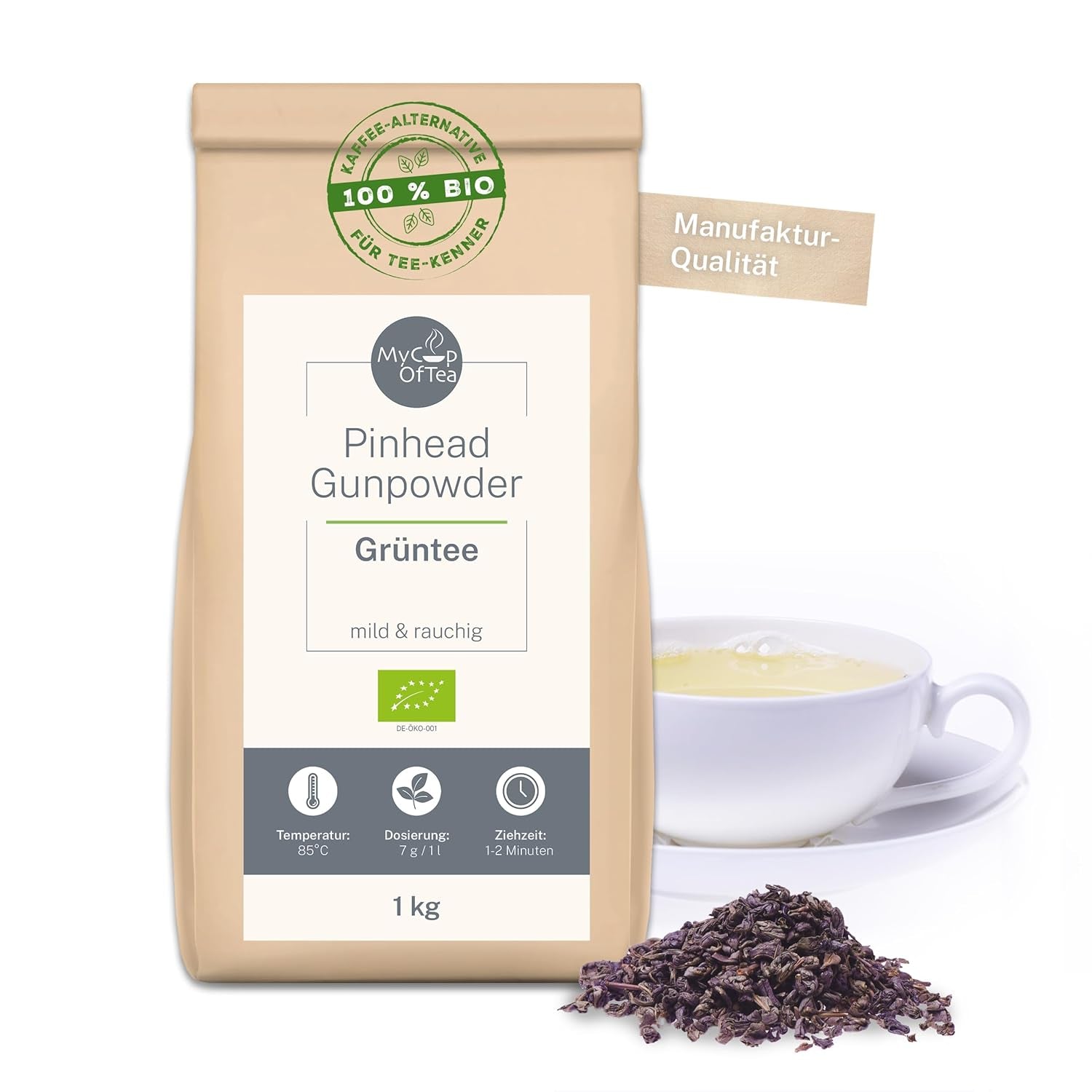 Pinhead Gunpowder Organic Green Tea Bulk 1kg – Vysoce kvalitní organický zelený čaj z Číny – Mírně kouřová chuť – Pro gurmány a znalce čaje – Mycupoftea