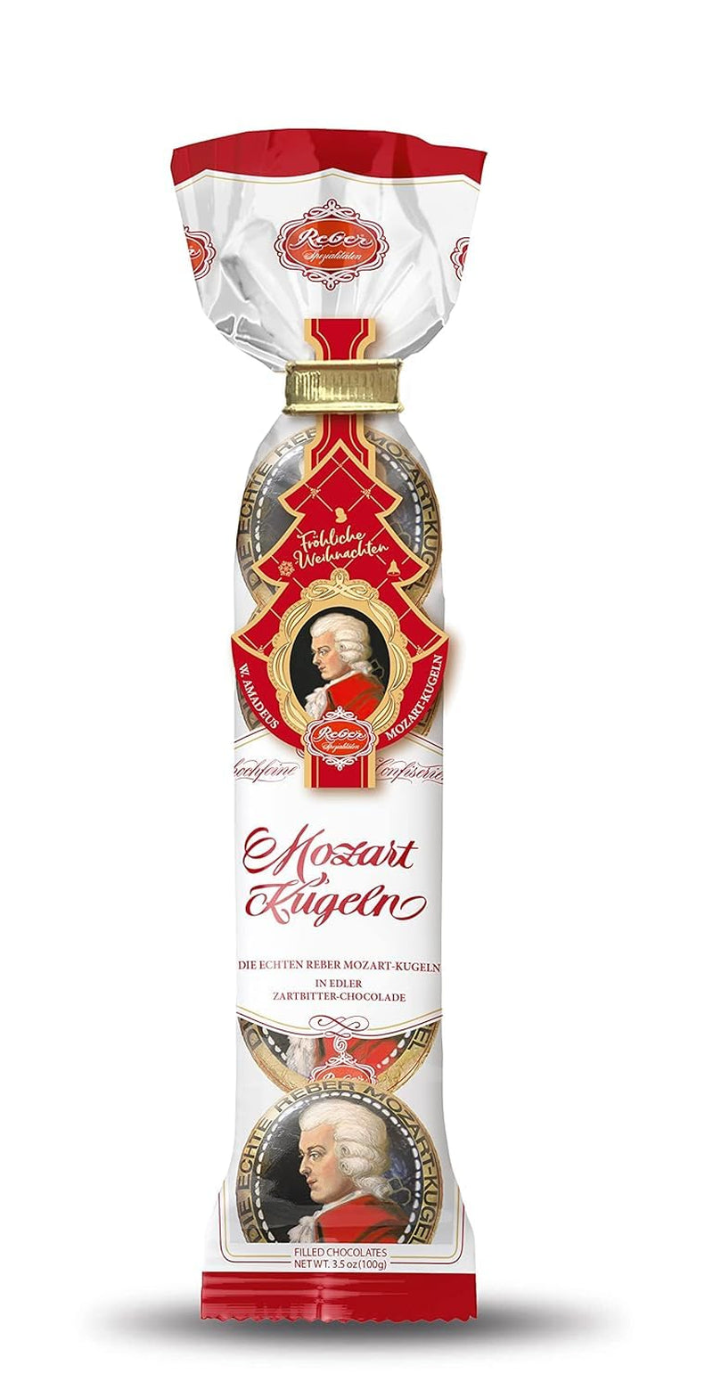 Reber Mozart koule - 5 sáčků po 5 cukroví ve vánoční edici - Autentické Reber Mozart koule, vyrobené z hořké čokolády, marcipánu a nugátu
