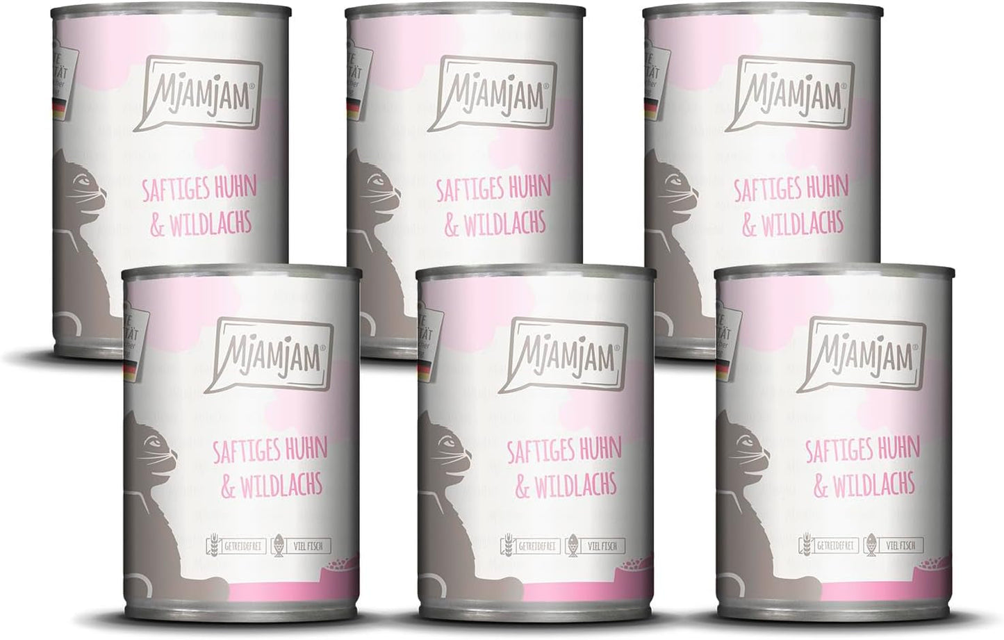 MjAMjAM - prémiové mokré krmivo pro kočky - šťavnaté kuře a divoký losos 6 balení (6 x 400 g) bez obilovin s extra masem
