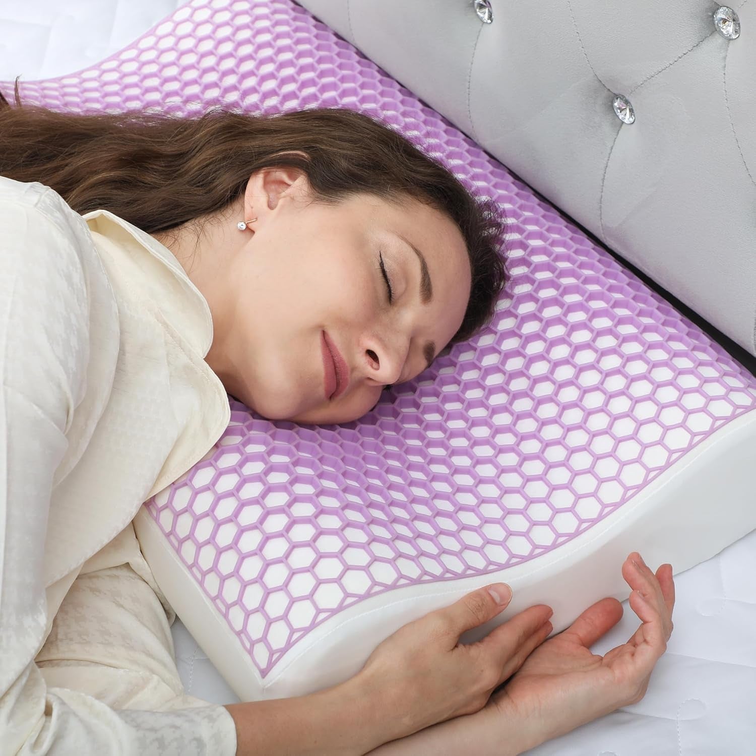 HOMCOM Polštář z paměťové pěny Polštář na krk s odnímatelným potahem 2 Výška Ergonomický 2S citlivý polštář na krk pro různé polohy spaní 60x40 cm Krémově bílá
