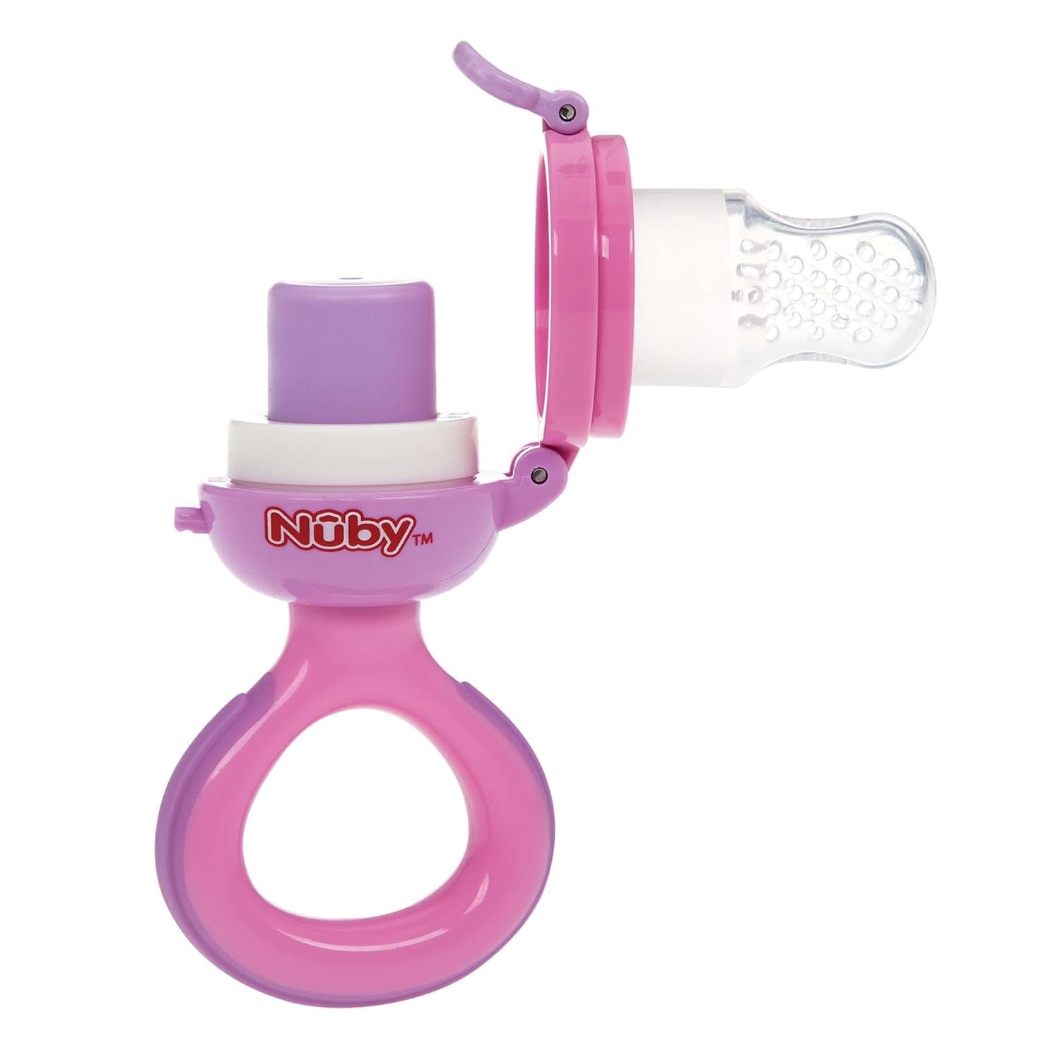 Nuby Silikonové krmítko Fruit Feeder Nibbler - Krmítko na ovoce pro miminka 6 měsíců a batolata - Kroužek na kousání na ovoce, zeleninu a pyré - Bez BPA - Růžový - 6+ měsíců