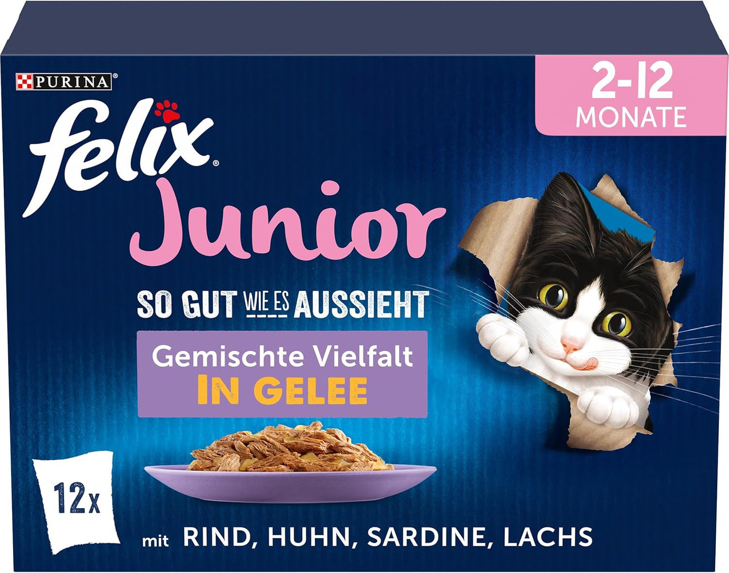 Felix Tak dobře, jak to vypadá Junior Mokré krmivo v želé pro koťata, různé směsi, balení 6 ks (6 x 12 sáčků po 85 g)