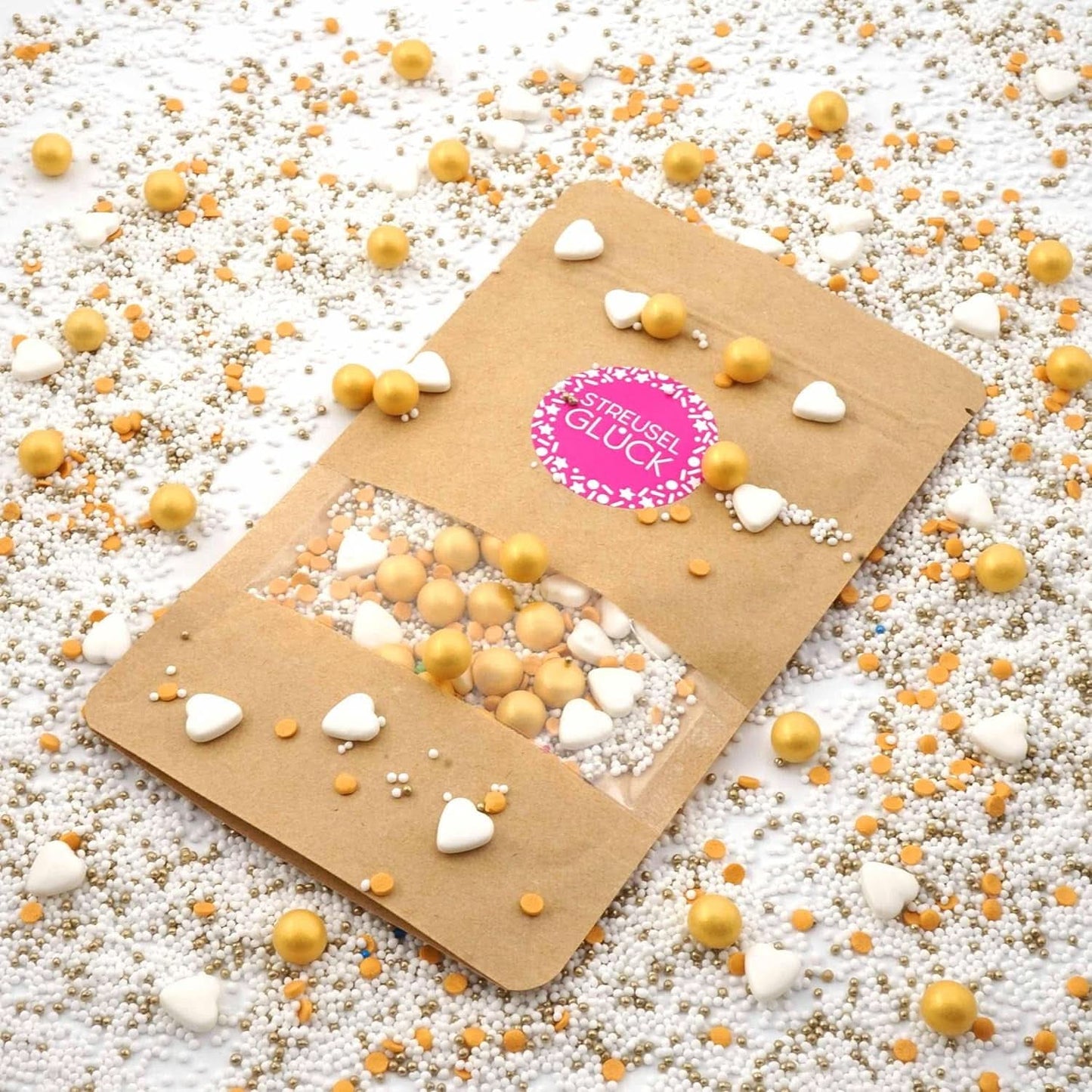 Streusel Glück, Sprinkles s bílým srdcem a zlatými kuličkami, 40 gramů Sprinkles Naty Shop