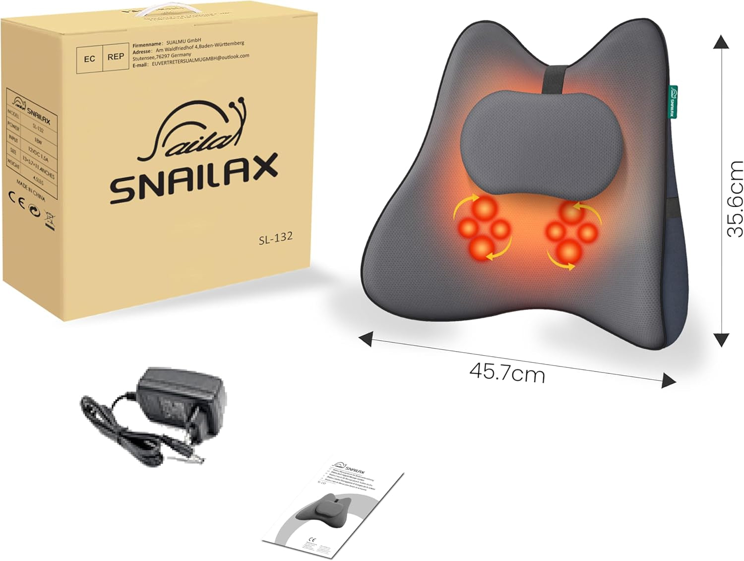 Ergonomický bederní opěrný polštář Snailax s masáží a vyhříváním, opěrný polštář Shiatsu z paměťové pěny, sedací polštář se 3 intenzitami masáže | 2 stupně ohřevu | 3 časovače | pohodlné sezení
