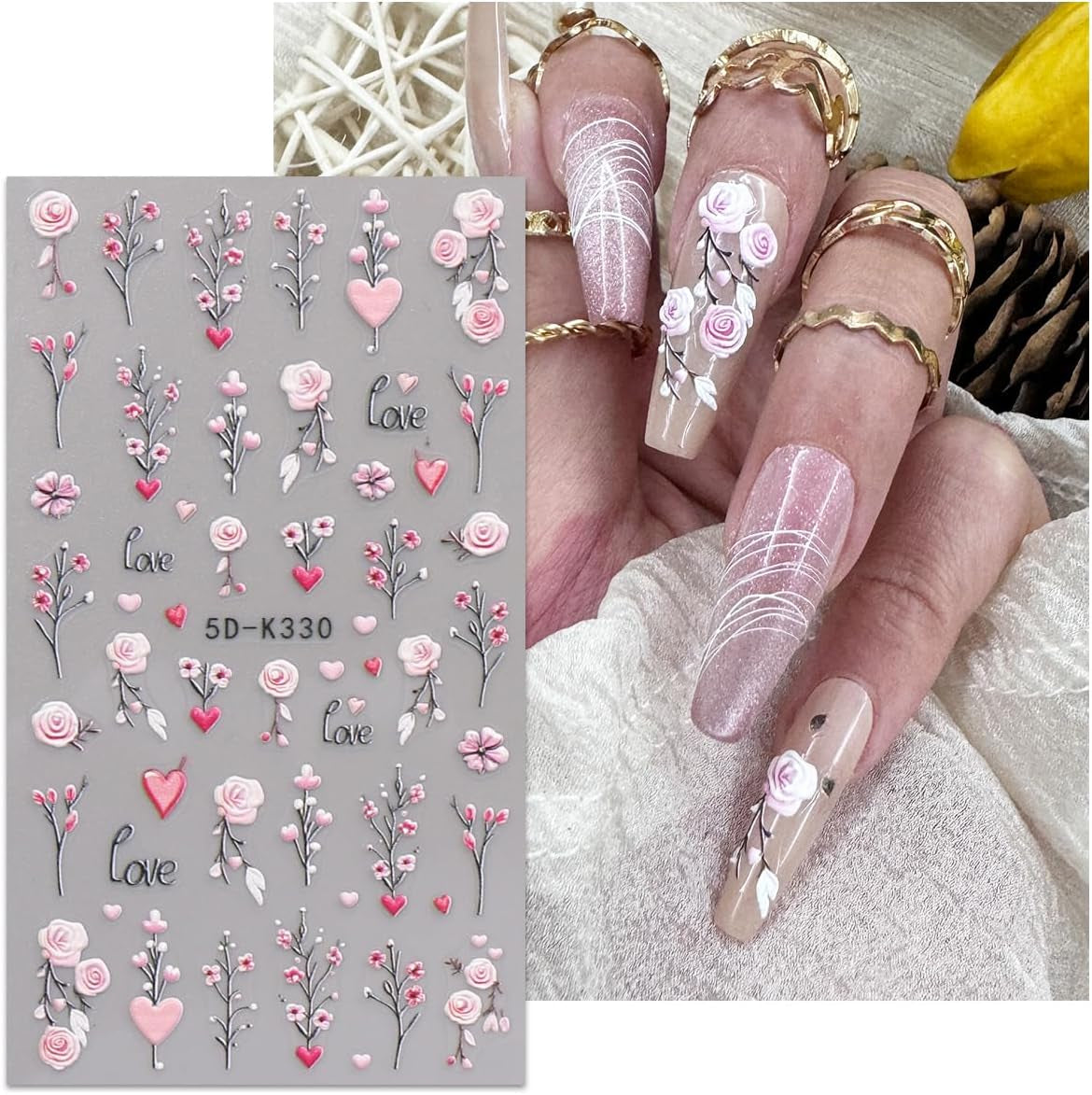 JMEOWIO 3D Nálepka na nehty Blumen Nálepka na nehty Selbstklebend Nagelaufkleber 5D Stereoskopické jarní letní dekorace Nageldesign Zubehör 4 Blatt