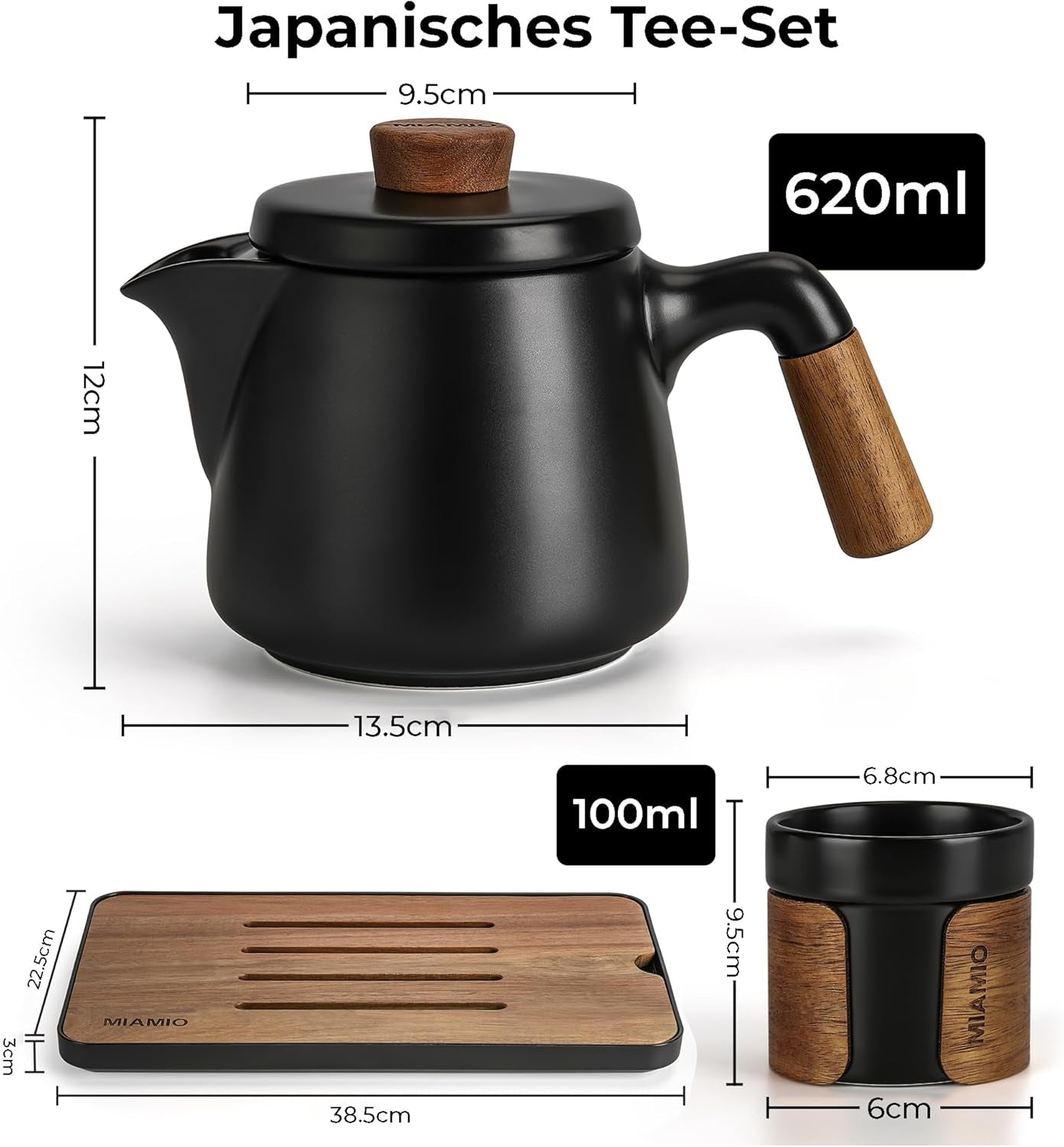 MIAMIO - Japonská/čínská čajová souprava 6 x 100ml / Asijská čajová konvice 620ml s čajovým louhovačem, tradiční japonská čajová souprava pro milovníky čaje/muže/ženy (černá)