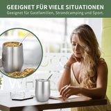 Moderní hrnek Mate 340 ml, sada hrnků Yerba Mate s dvojitou stěnou z nerezové oceli, hrnek na čaj Mate s víčkem bez BPA, bombillas a čisticí kartáček (stříbrný)