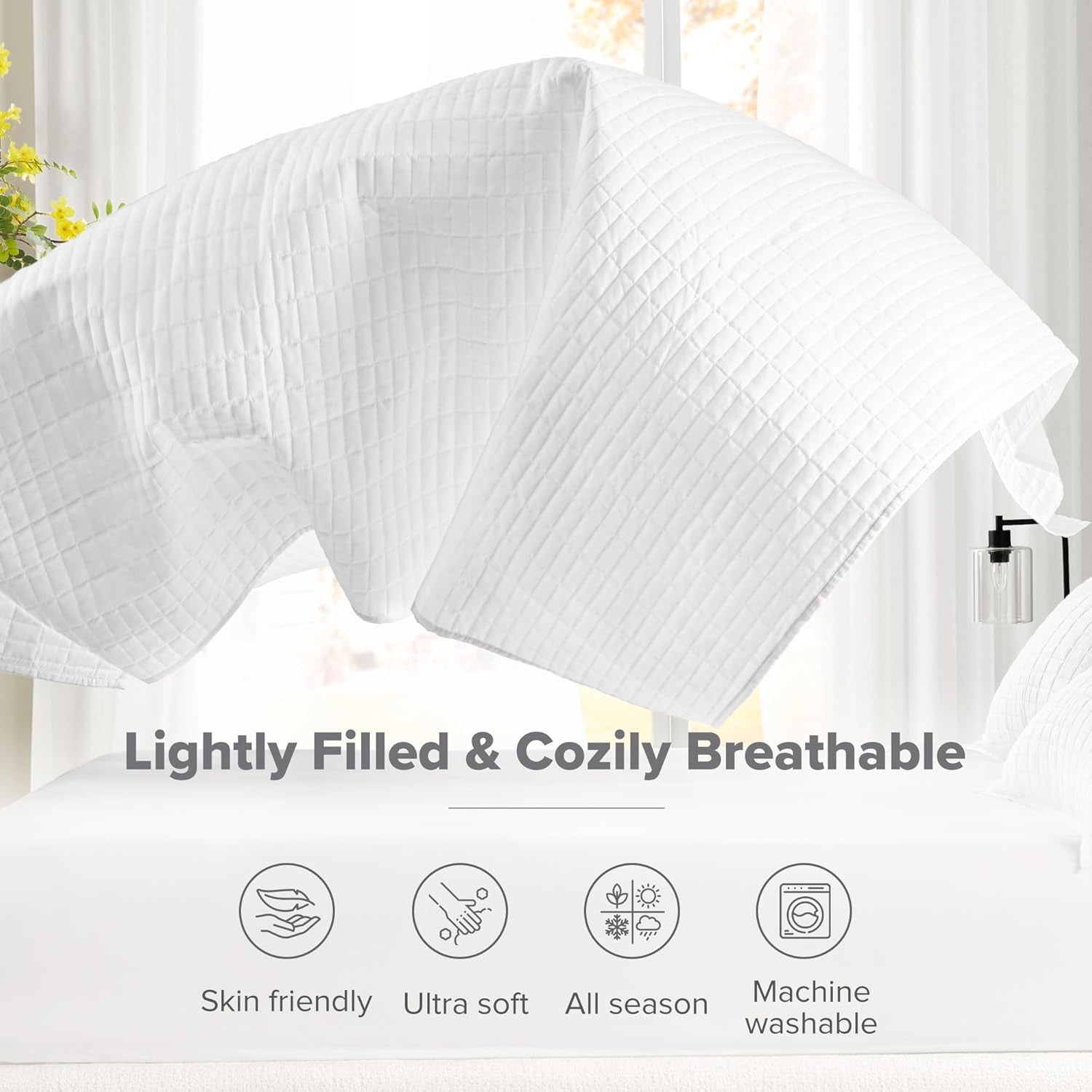 Comfort Spaces Sada přikrývek Kienna Luxusní letní přikrývka s dvojitým stehem Lehká měkká povlečení na celý rok Odpovídající povlak na polštář Bílá přikrývka velikosti King (264,2 x 228,6 cm) Přikrývky a přikrývky Naty Shop