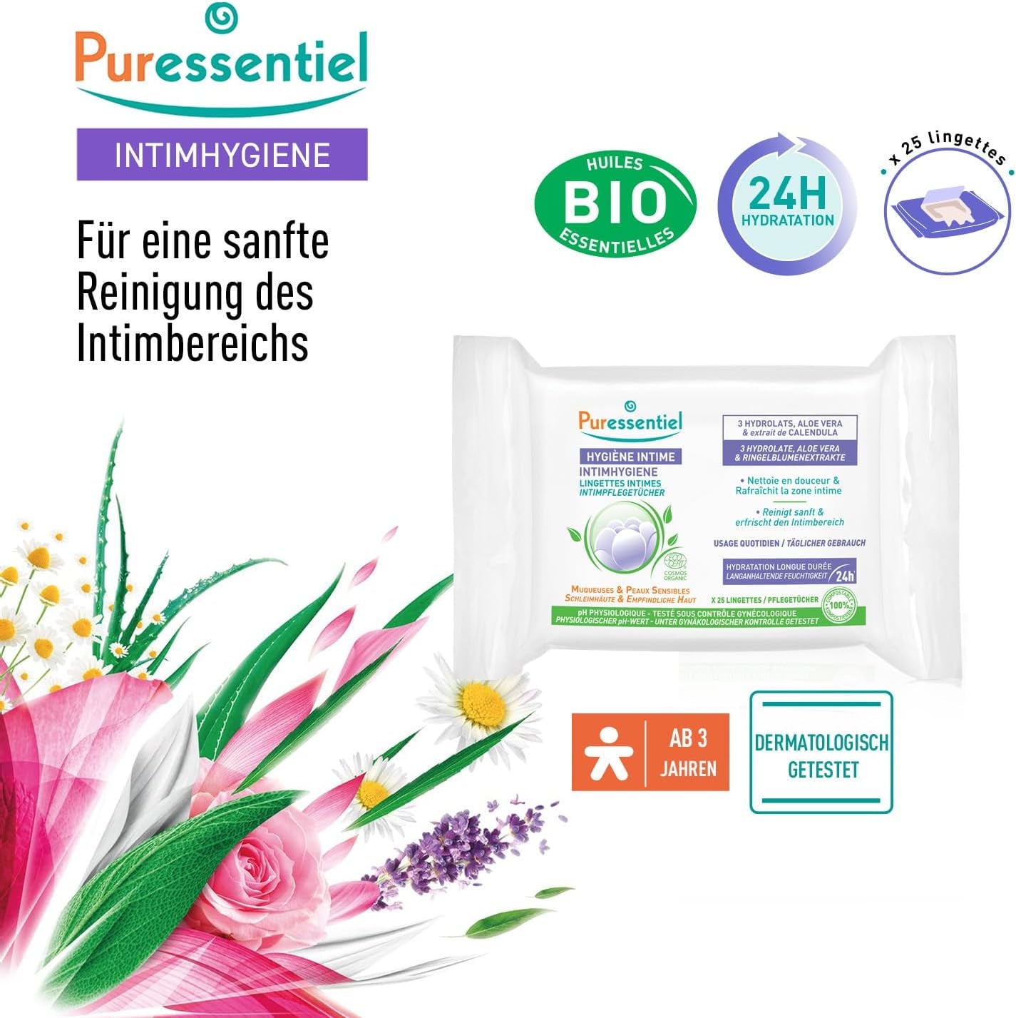 Puressentiel - Intimní hygiena - Intimní ubrousky - Čištění a osvěžení - Citlivé sliznice a pokožka - Dlouhotrvající hydratace 24 hodin - Pro každodenní použití - X25 ks.
