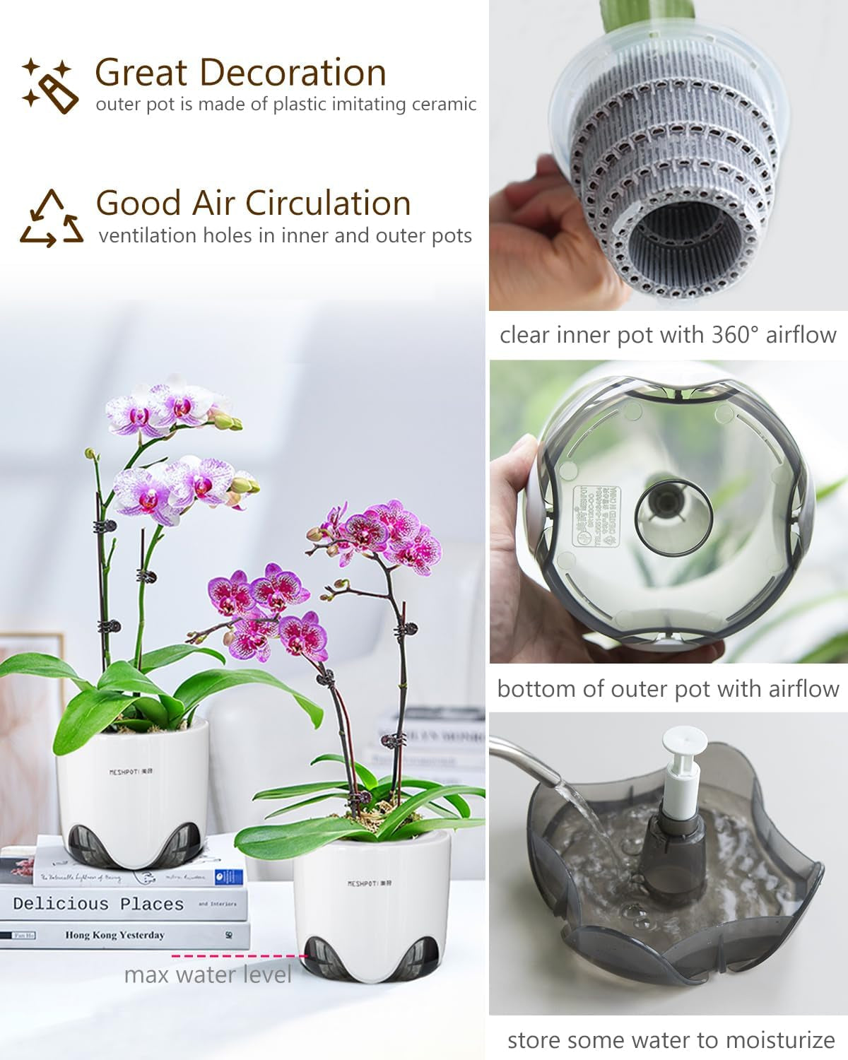 Květináč na orchidej s drenážními otvory pro přesazování, výborná cirkulace vzduchu, 2 kusy, dvouvrstvý plast, keramický květináč na orchidej, průhledný květináč na orchidej, dekorativní