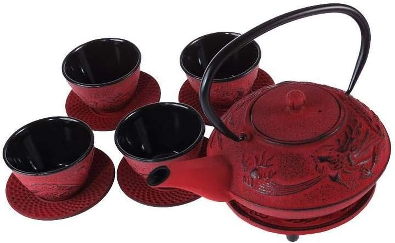 – Čajový set čínského draka – 1 čajová konvice, 4 litinové šálky a sítko na čaj – Kapacita 0,8 l – Japonský asijský dekor – Tip na dárek pro japonské nádobí – Barva červená