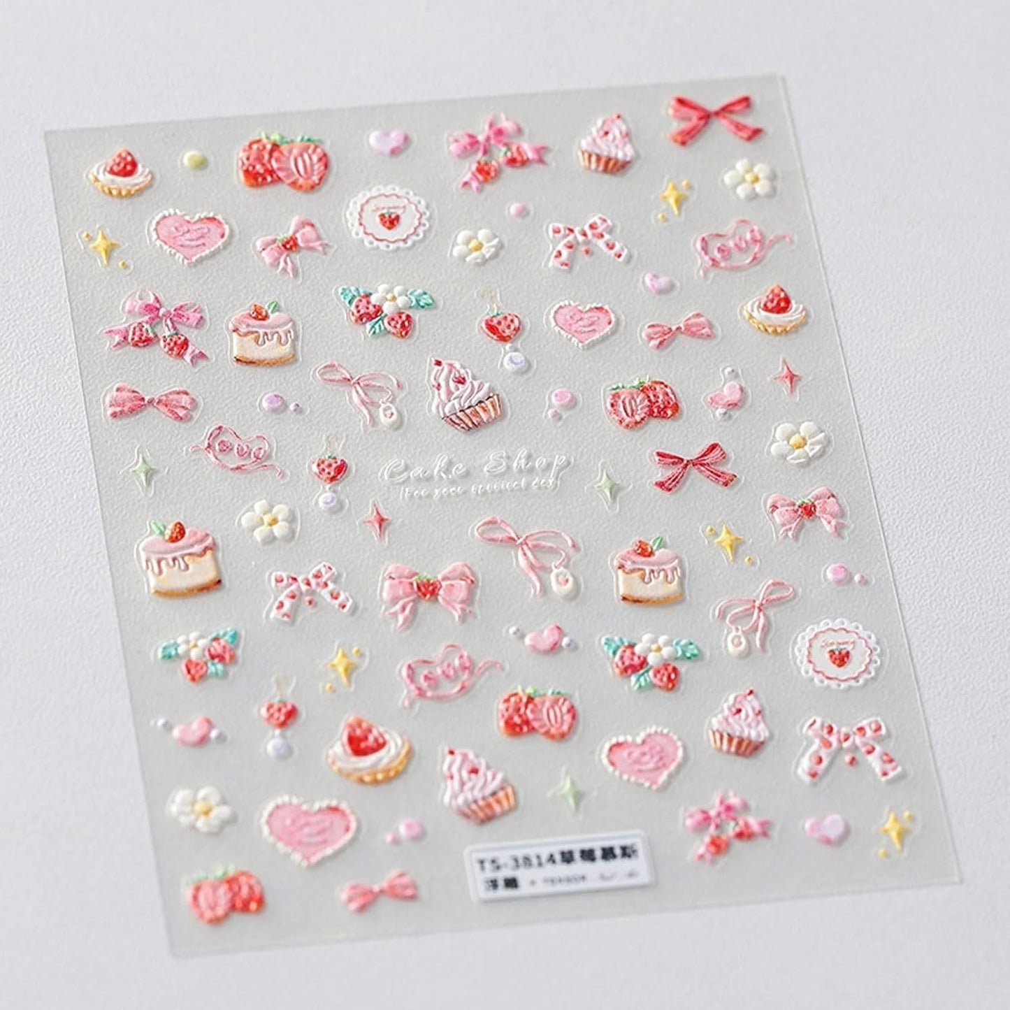 JMEOWIO 3D Nálepka na nehty Rosa Nálepka na nehty Selbstklebend Nagelaufkleber 5D Stereoskopisch Kuchen Erdbeerschleife Dekoration Nageldesign Zubehör 1 Blatt