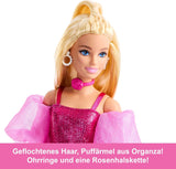 Panenka Barbie Deluxe Style #5 v metalicky růžovém blond oblečku s třpytivým živůtkovým topem a třpytivými kalhotami, s doplňky včetně růžového náhrdelníku a kabelky, JFP40