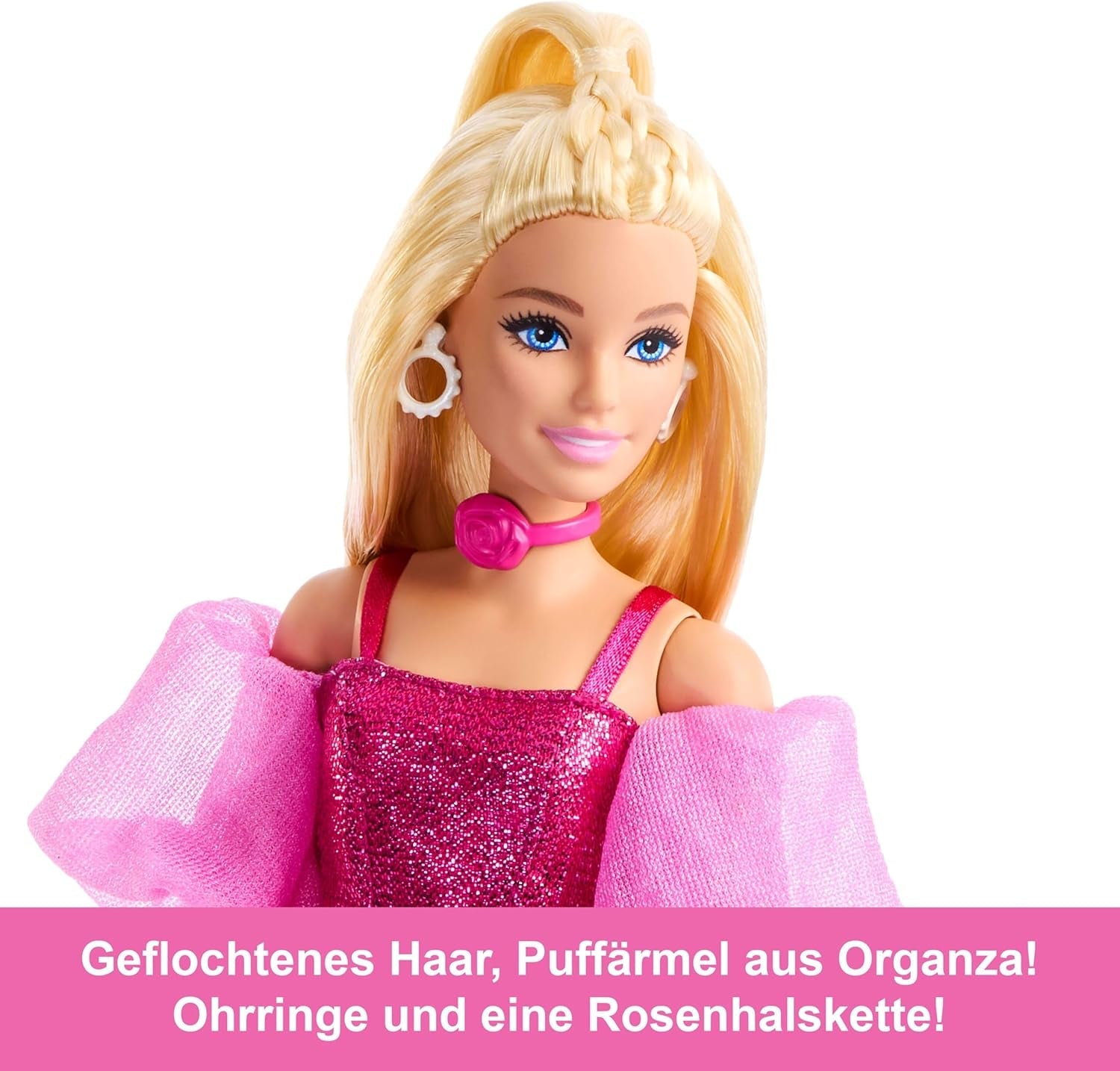Panenka Barbie Deluxe Style #5 v metalicky růžovém blond oblečku s třpytivým živůtkovým topem a třpytivými kalhotami, s doplňky včetně růžového náhrdelníku a kabelky, JFP40