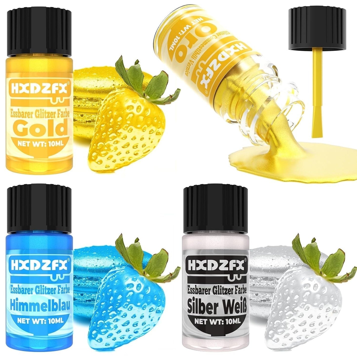 Essbarer Glitzer - 3 Torten Kuchen Deko Essbare, Kovové Lebensmittelfarbe Flüssiges, Jedlé třpytky Für Muffin, Koktejl, Marshmallows - 10 ml Naty Shop Výchozí název