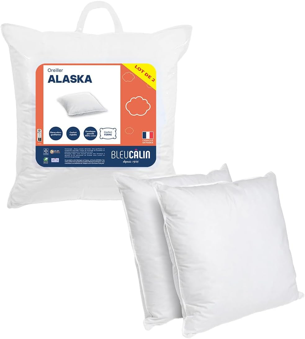 Modrá Câlin sada 2 polštářů s pevným komfortem "Alaska", super výplň, obálka ze 100% bavlněného perkálu, bílá, 65 x 65 cm čtvercový tvar Polštáře Naty Shop Standard