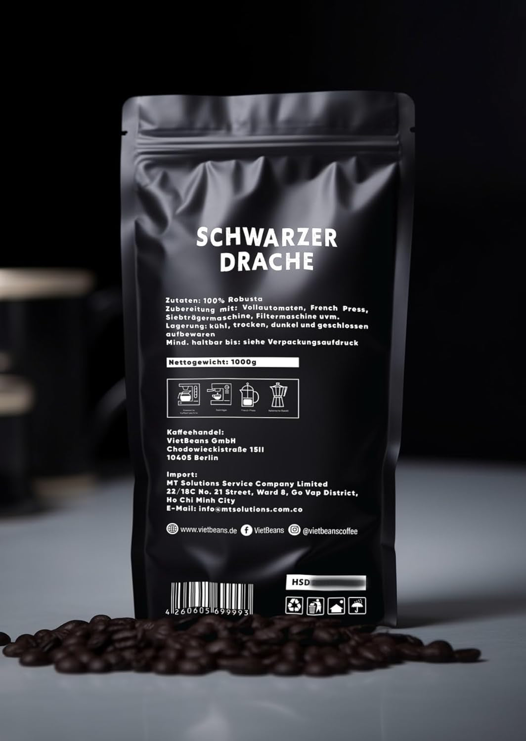 Black Dragon Espresso 100% Robusta - Extra silná pražená kávová zrna - Velmi silná a plná káva s vysokým obsahem kofeinu - Velmi silné espresso