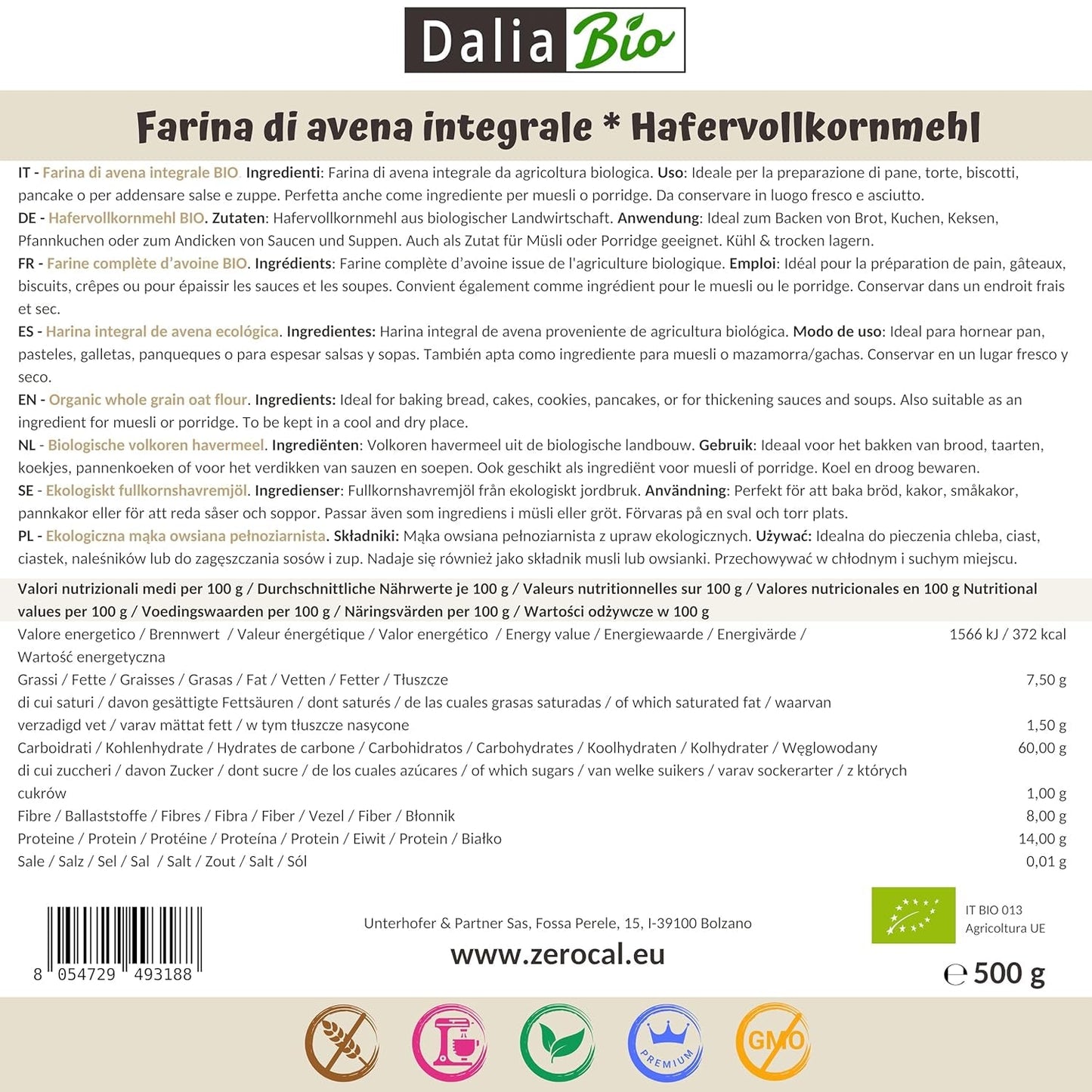 Dalia - BIO celozrnná ovesná mouka 500g | Bez lepku | Bohaté na vlákninu a bílkoviny Původ: Itálie | Na chléb, koláče, kaše a fitness recepty | Prémiová kvalita