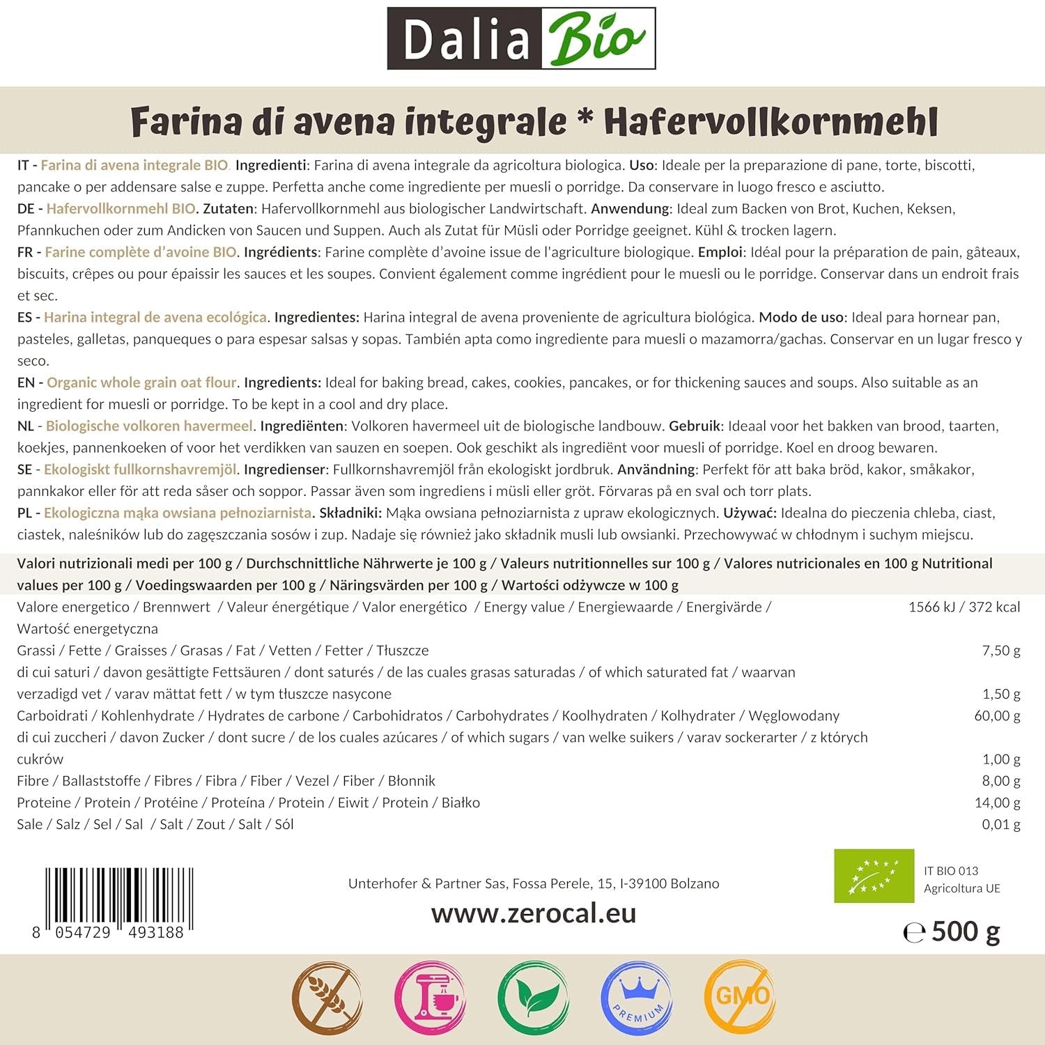 Dalia - BIO celozrnná ovesná mouka 500g | Bez lepku | Bohaté na vlákninu a bílkoviny Původ: Itálie | Na chléb, koláče, kaše a fitness recepty | Prémiová kvalita