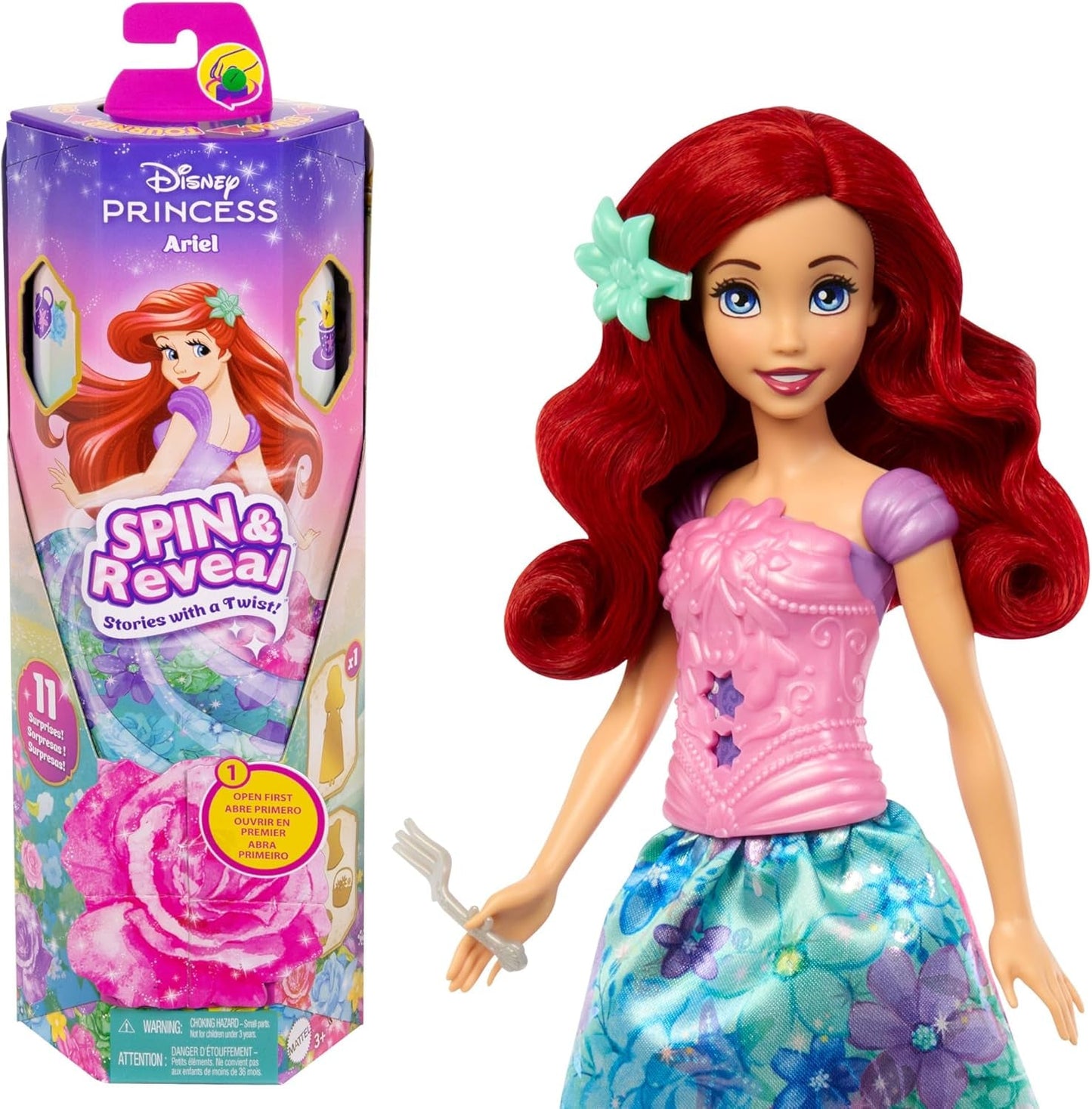 Mattel Disney Princezna Ariel Spin & Reveal Sada módních panenek s 11 překvapeními, včetně 5 doplňků, 5 samolepek a herní scény inspirované filmem HTV88
