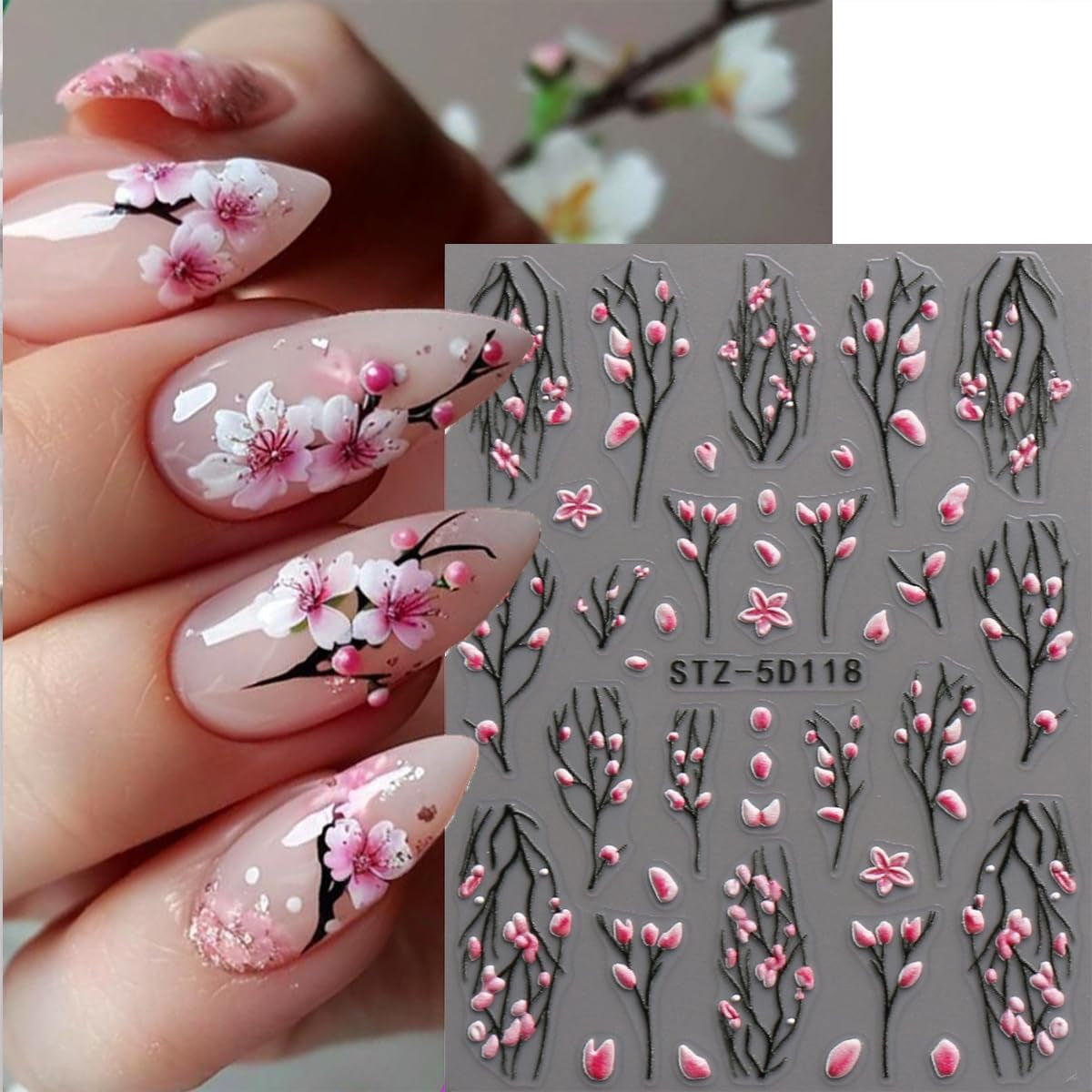 JMEOWIO 3D Nálepka na nehty Blume Nálepka na nehty Selbstklebend Nagelaufkleber 5D Stereoskopické jarní letní květinové dekorace Nageldesign Zubehör 4 Blatt