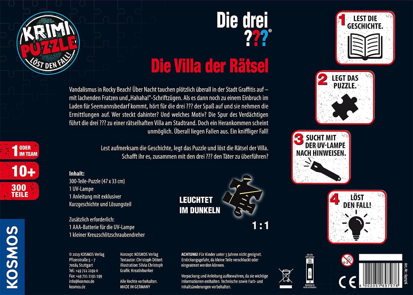 Tři??? - Crime Puzzle - The Villa of the Puzzles By KOSMOS 697976, 300 dílků, Svítí ve tmě, S UV lampou, Čtení, Puzzle, Řešení hlavolamů, Detektivní puzzle Od 10 let Puzzle Naty Shop