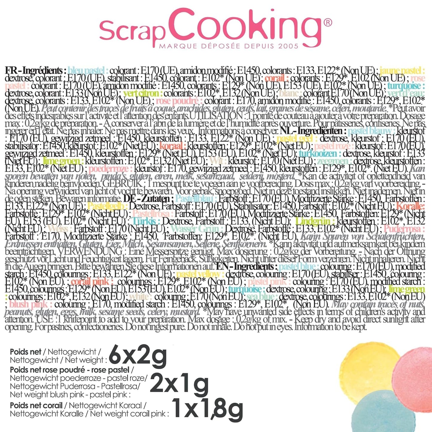 Scrapcooking - Sada 9 pastelových potravinářských barviv - Modrá, Žlutá, Korálová, Růžová, Tyrkysová, Limetkově zelená, Bílá, Aqua zelená, Powder Pink - Jedlé barvivo v prášku na dorty, muffiny, macarony - 4272