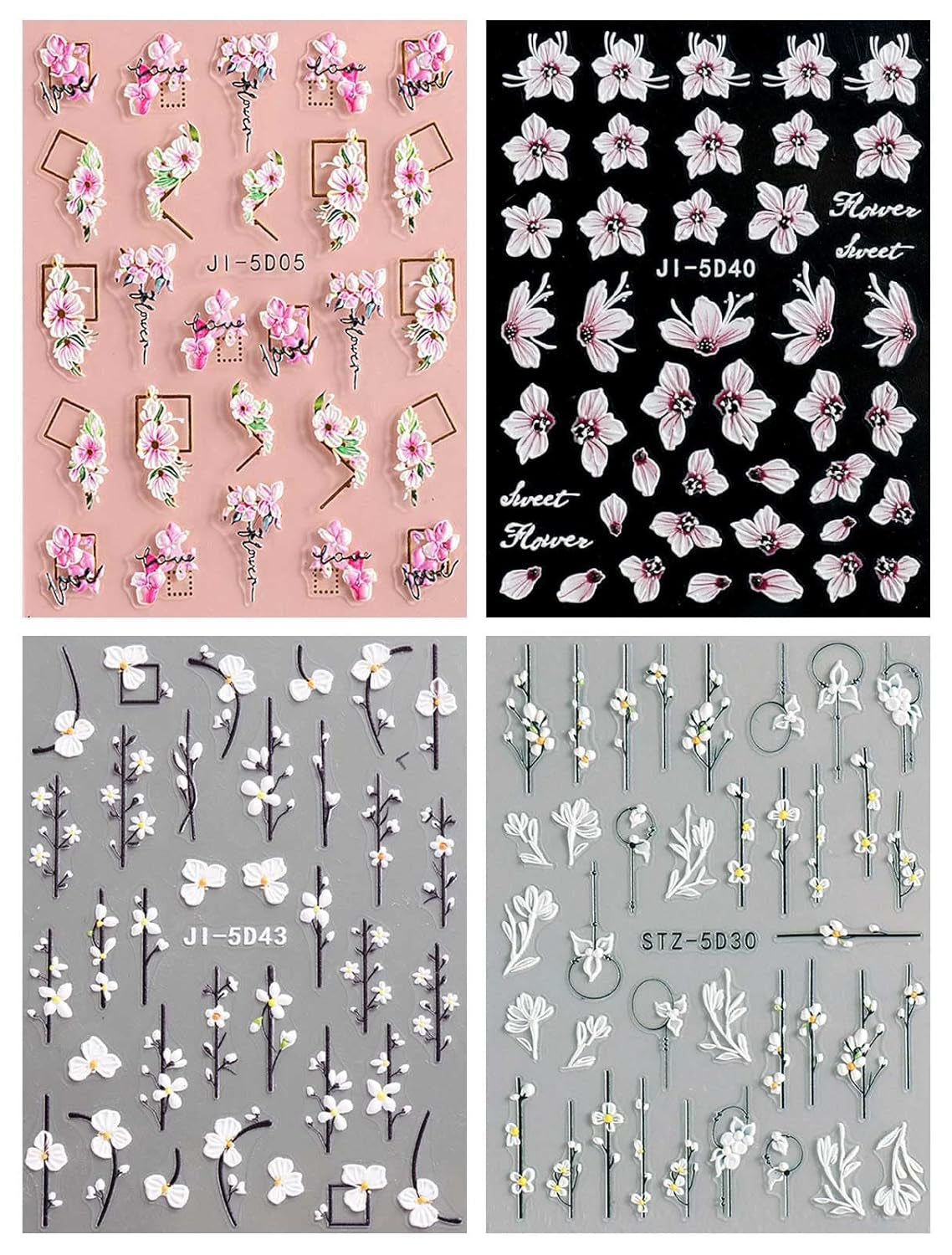JMEOWIO 3D Nálepka na nehty Frühling Blume Nálepka na nehty Selbstklebend Nagelaufkleber 5D Stereoskopisch Buntes Letní Blumen Dekorace Nageldesign Zubehör 4 Blatt